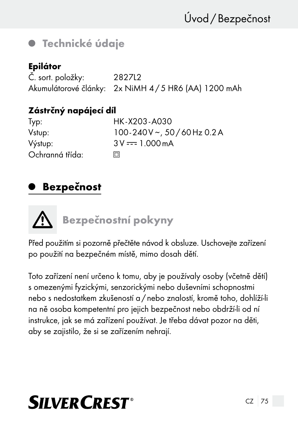 Úvod / bezpečnost, Technické údaje, Bezpečnost bezpečnostní pokyny | Silvercrest SE 32 A1 User Manual | Page 75 / 103