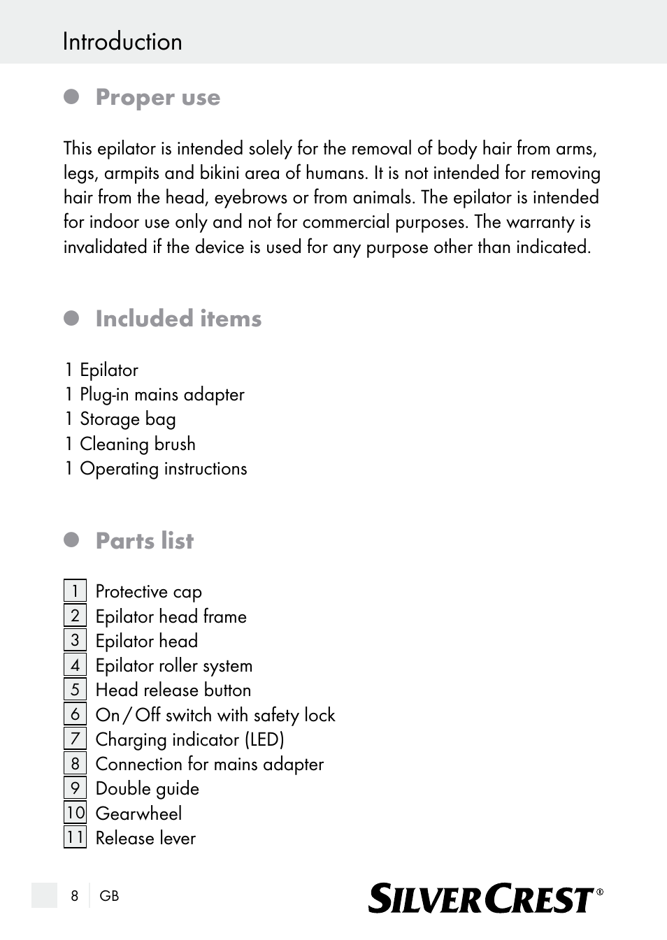 Introduction, Proper use, Included items | Parts list | Silvercrest SE 32 A1 User Manual | Page 8 / 103