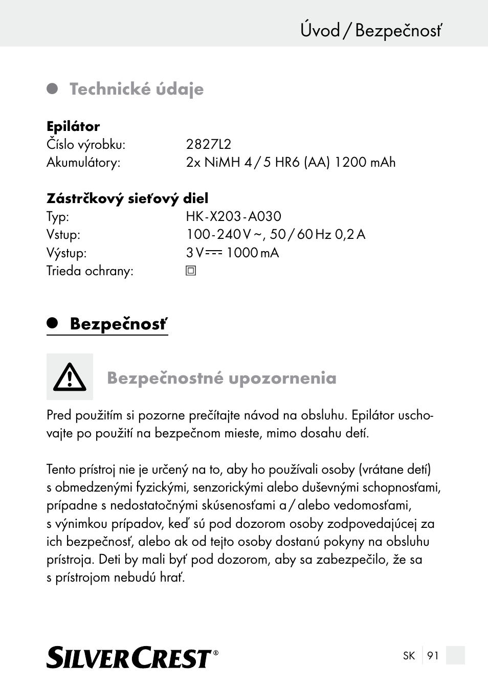 Úvod / bezpečnosť, Technické údaje, Bezpečnosť bezpečnostné upozornenia | Silvercrest SE 32 A1 User Manual | Page 91 / 103