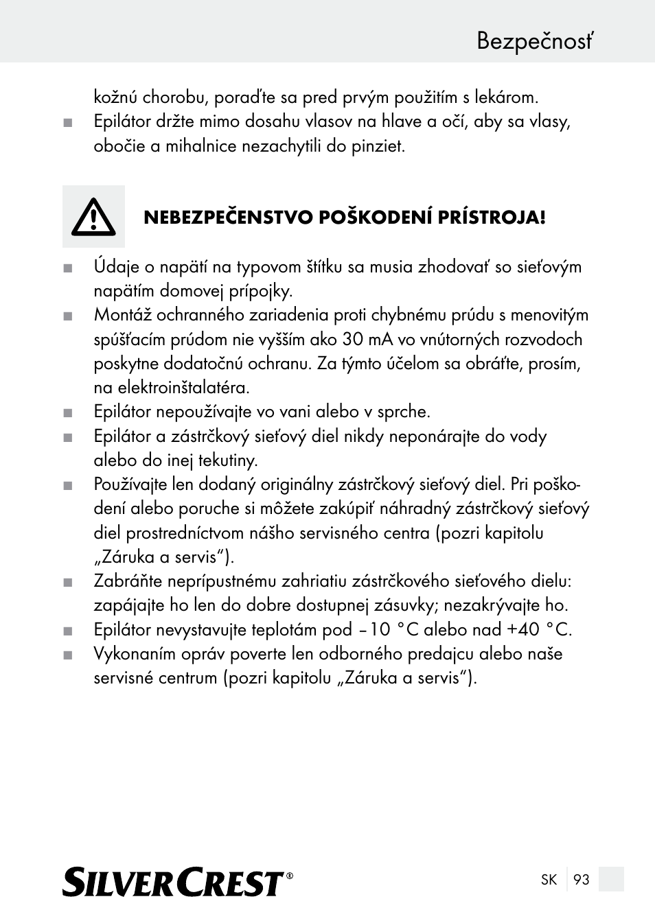 Bezpečnosť | Silvercrest SE 32 A1 User Manual | Page 93 / 103