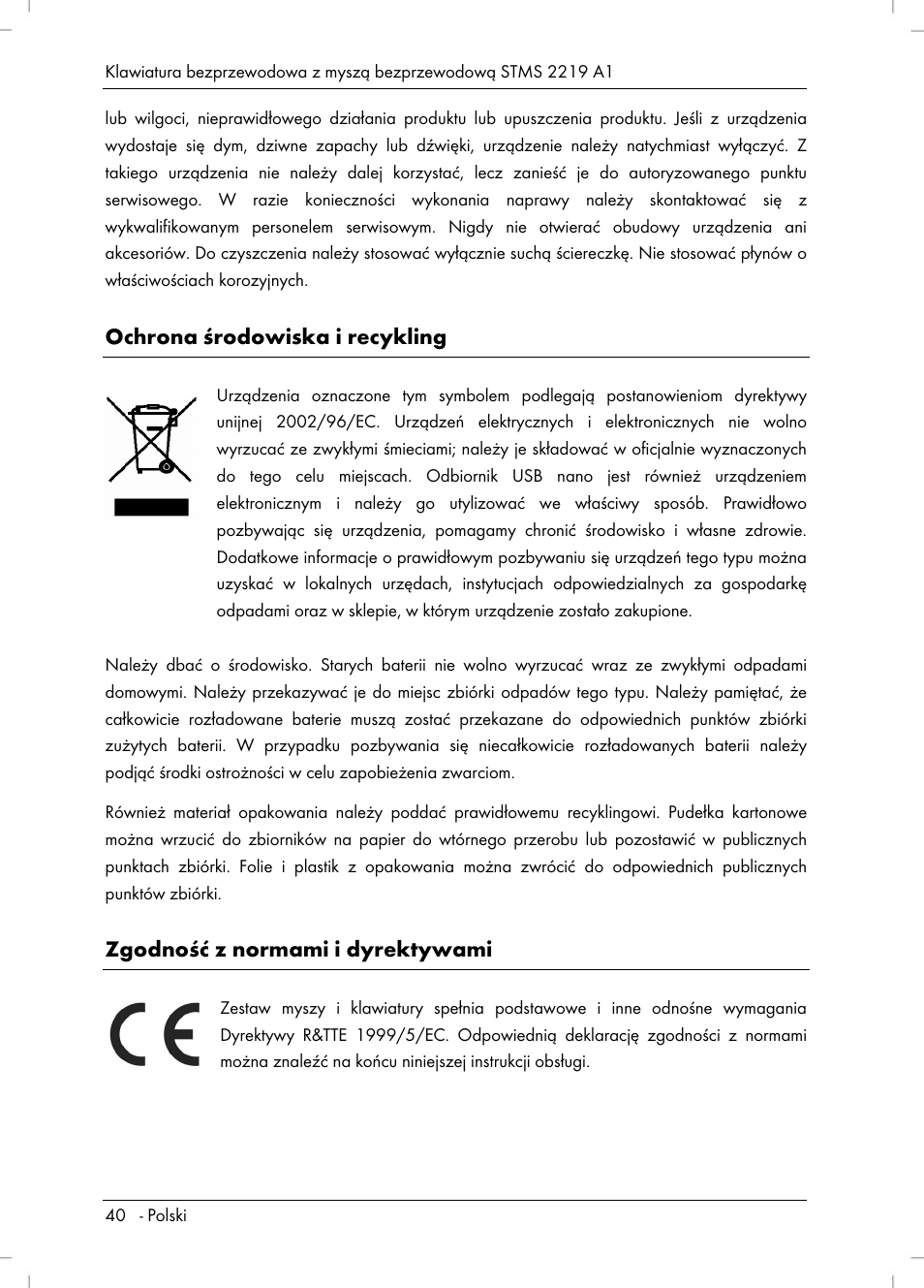 Ochrona środowiska i recykling, Zgodność z normami i dyrektywami | Silvercrest STMS 2219 A1 User Manual | Page 42 / 130