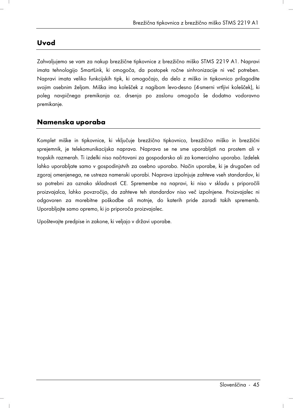 Uvod, Namenska uporaba | Silvercrest STMS 2219 A1 User Manual | Page 47 / 130