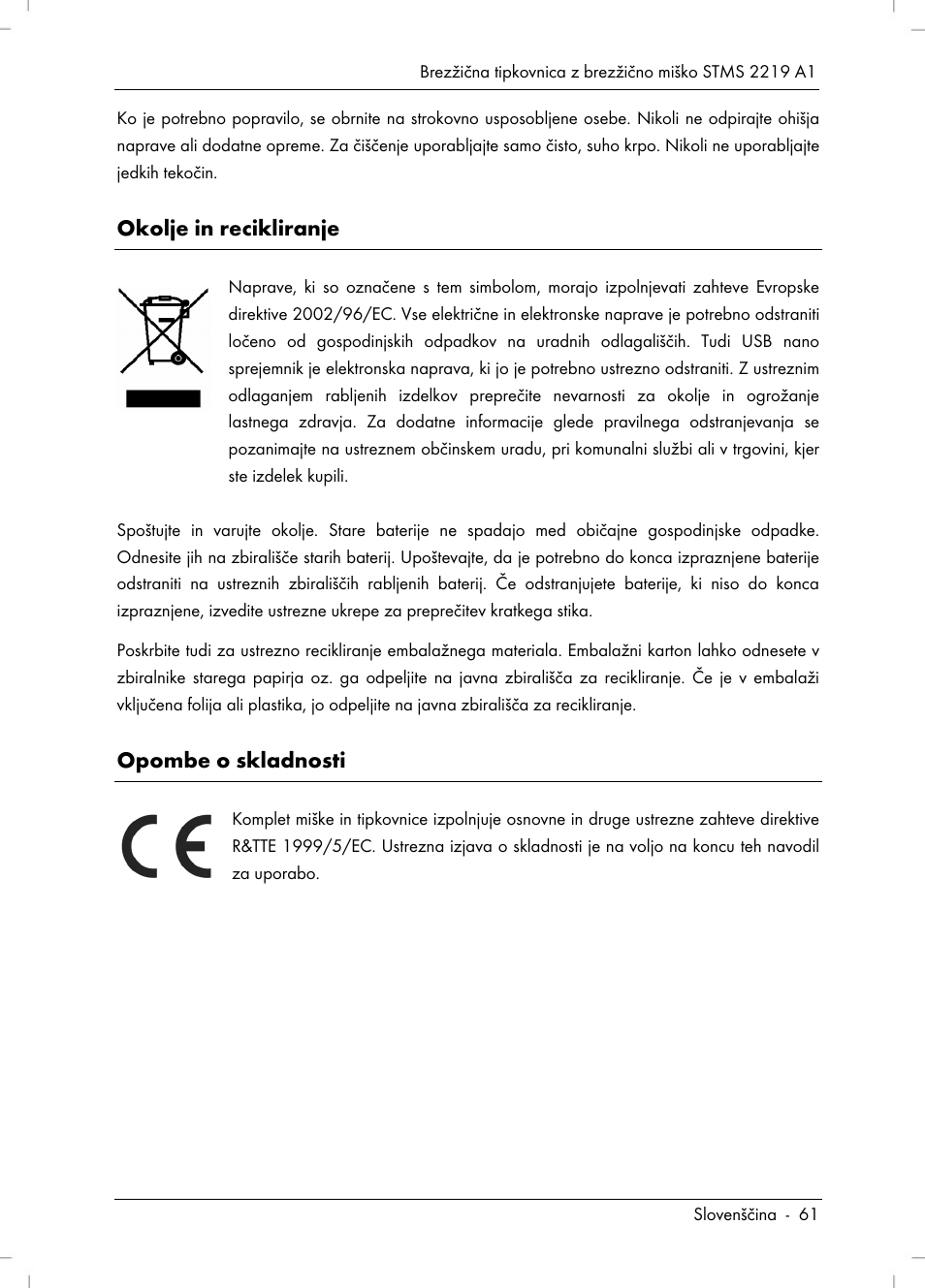 Okolje in recikliranje, Opombe o skladnosti | Silvercrest STMS 2219 A1 User Manual | Page 63 / 130