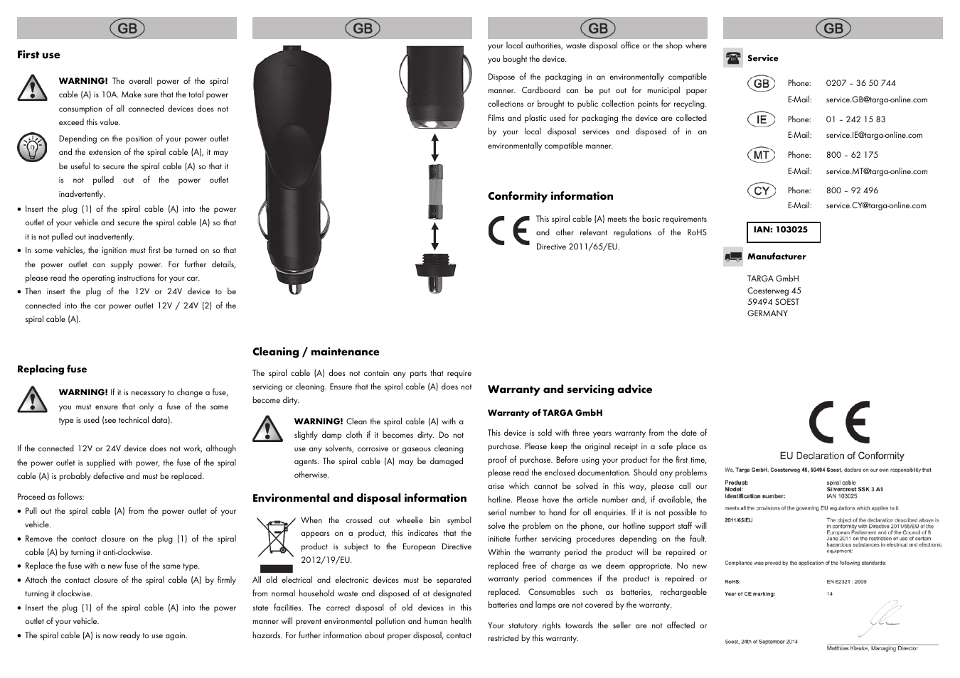 First use, Cleaning / maintenance, Environmental and disposal information | Conformity information, Warranty and servicing advice | Silvercrest SSK 3 A1 User Manual | Page 2 / 8