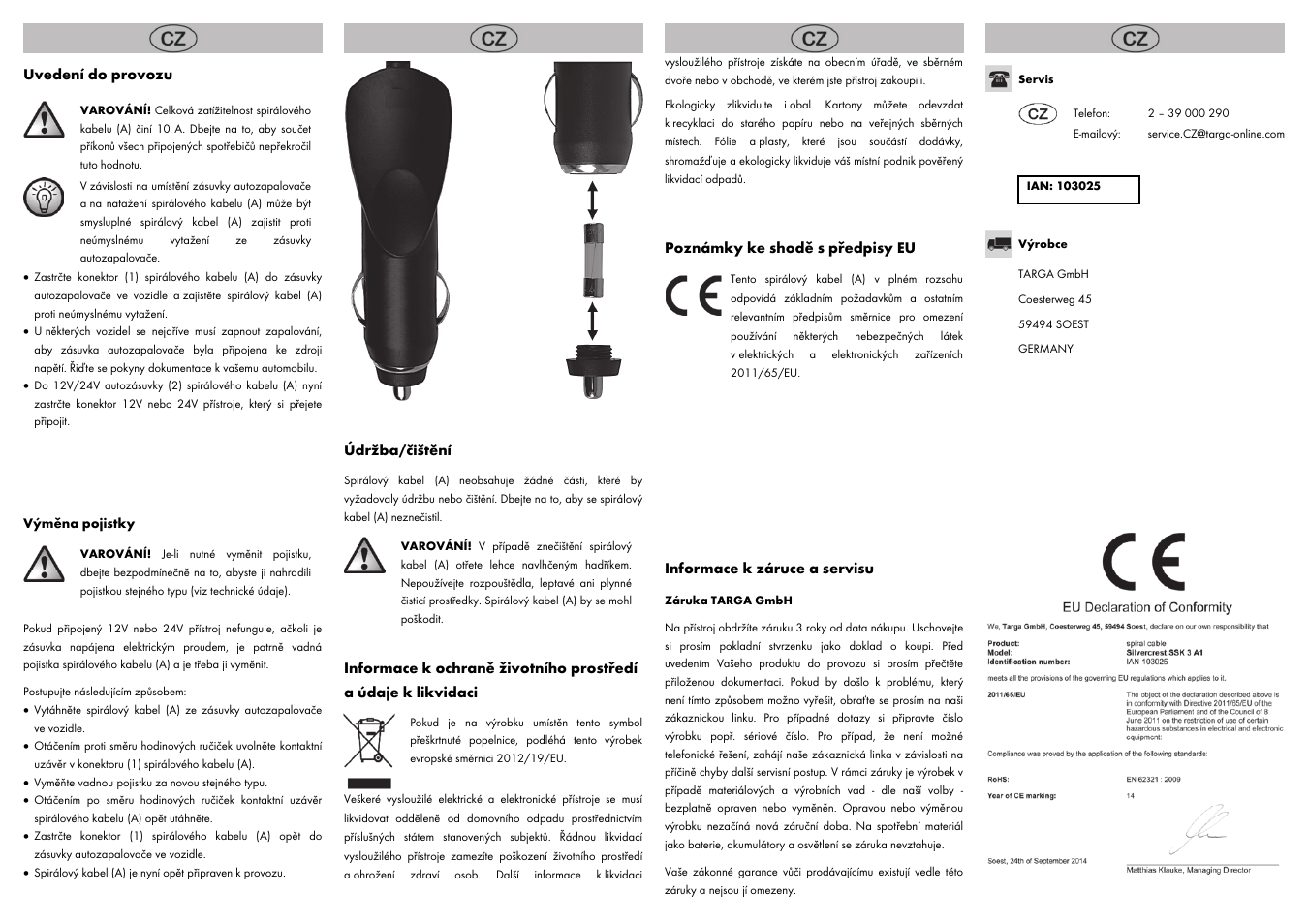 Uvedení do provozu, Údržba/čištění, Poznámky ke shodě s předpisy eu | Informace k záruce a servisu | Silvercrest SSK 3 A1 User Manual | Page 4 / 8