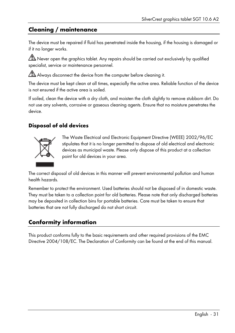 Cleaning / maintenance, Conformity information | Silvercrest SGT 10.6 A2 User Manual | Page 33 / 198