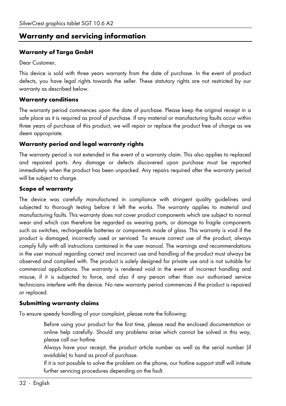 Warranty and servicing information | Silvercrest SGT 10.6 A2 User Manual | Page 34 / 198