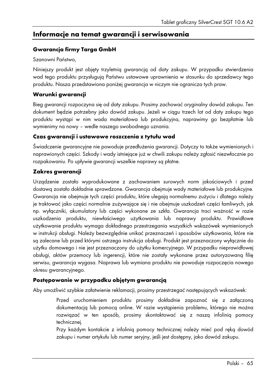 Informacje na temat gwarancji i serwisowania | Silvercrest SGT 10.6 A2 User Manual | Page 67 / 198