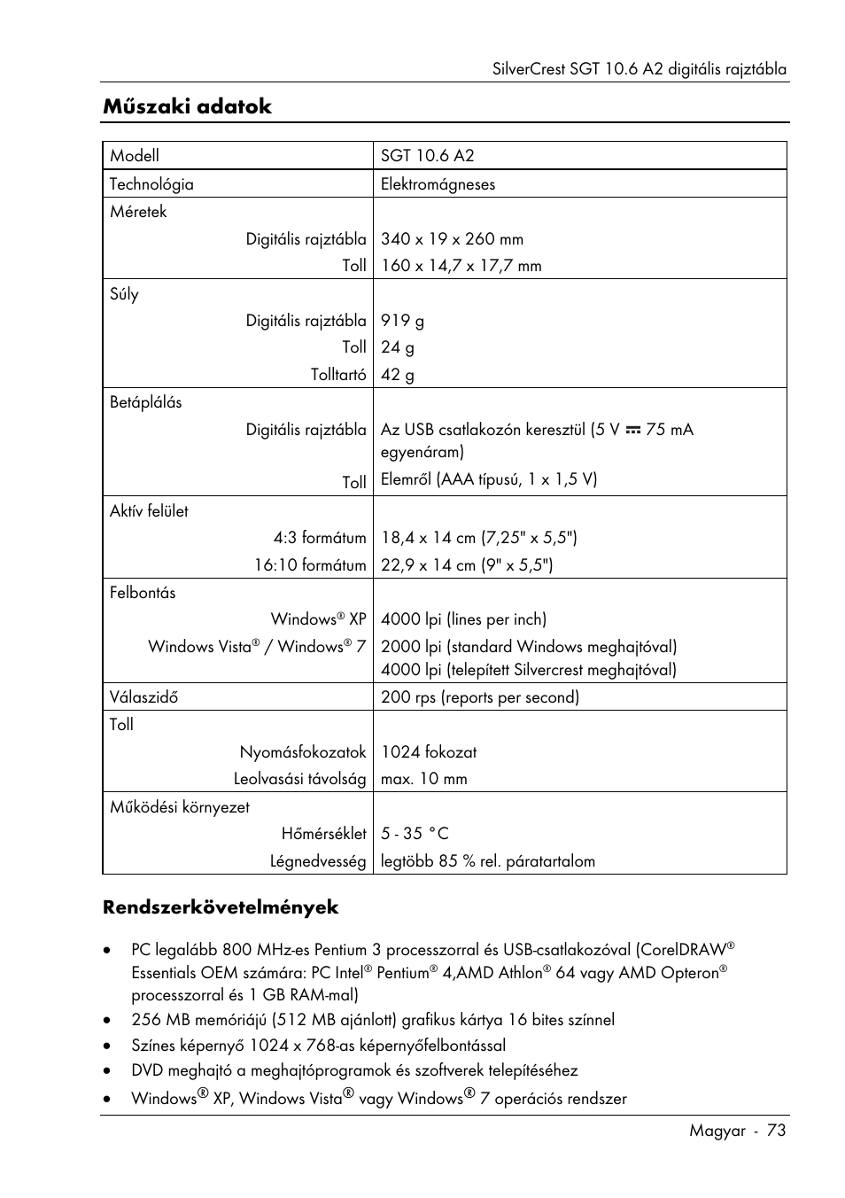 Műszaki adatok | Silvercrest SGT 10.6 A2 User Manual | Page 75 / 198