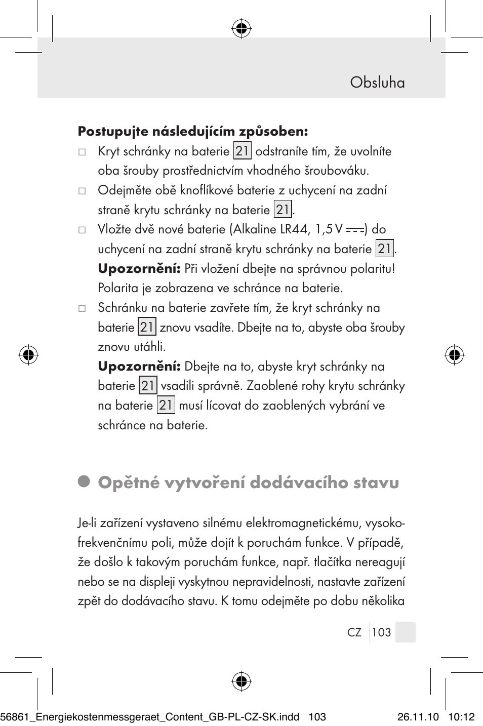 Opětné vytvoření dodávacího stavu, Obsluha | Silvercrest Energy Monitor User Manual | Page 101 / 141