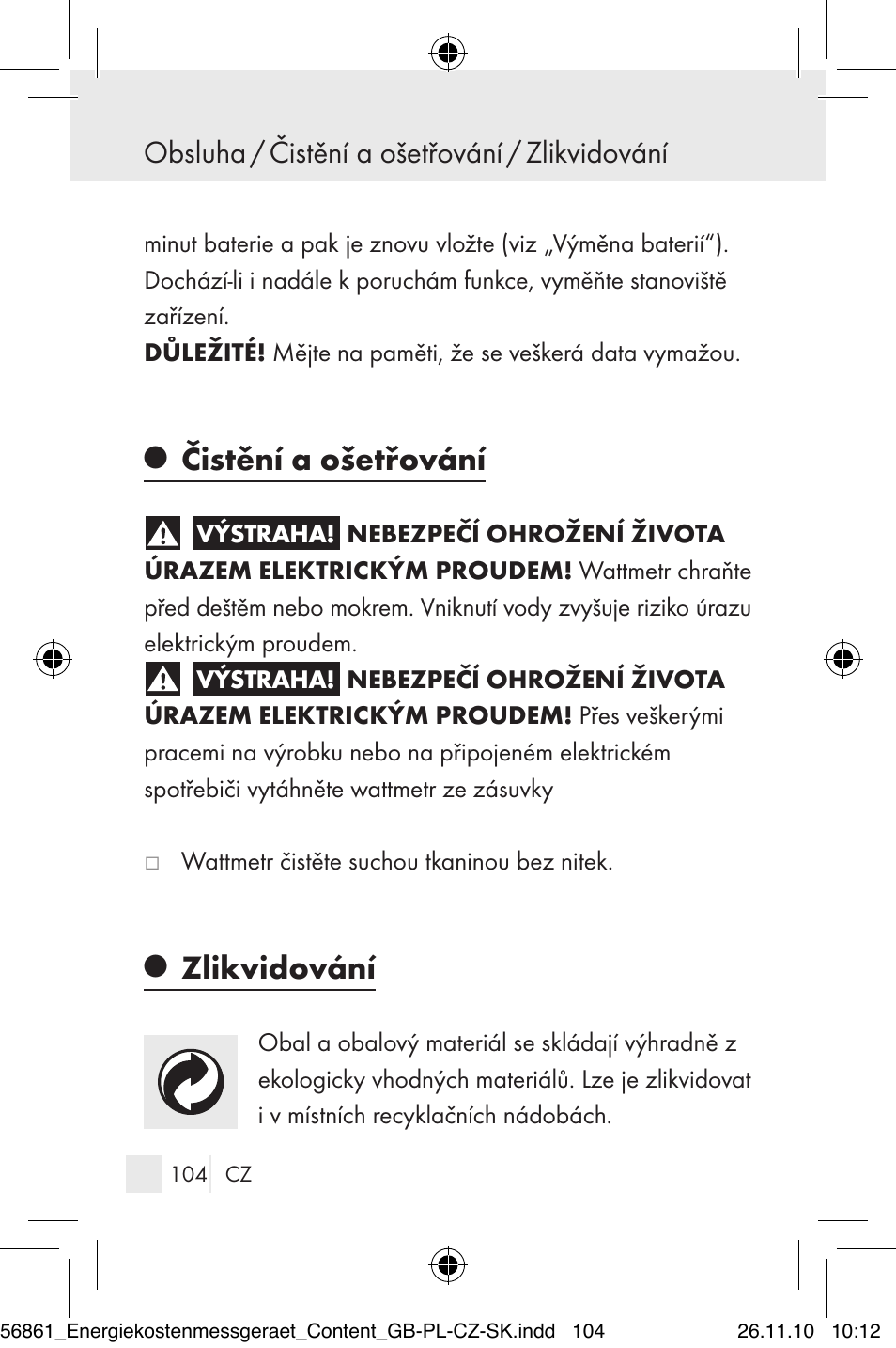 Čistění a ošetřování, Zlikvidování, Obsluha / čistění a ošetřování / zlikvidování | Silvercrest Energy Monitor User Manual | Page 102 / 141