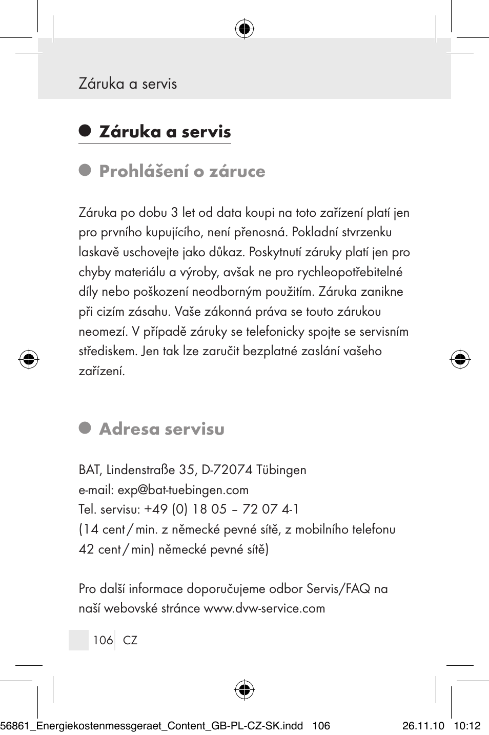 Prohlášení o záruce, Adresa servisu, Záruka a servis | Silvercrest Energy Monitor User Manual | Page 104 / 141