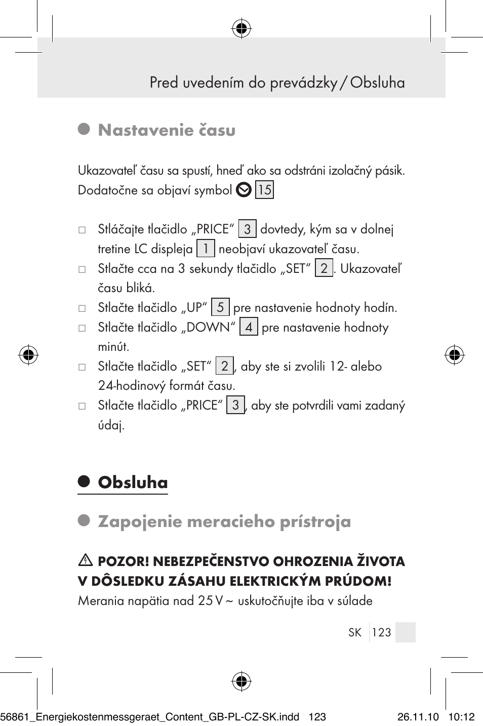 Nastavenie času, Obsluha, Zapojenie meracieho prístroja | Silvercrest Energy Monitor User Manual | Page 121 / 141