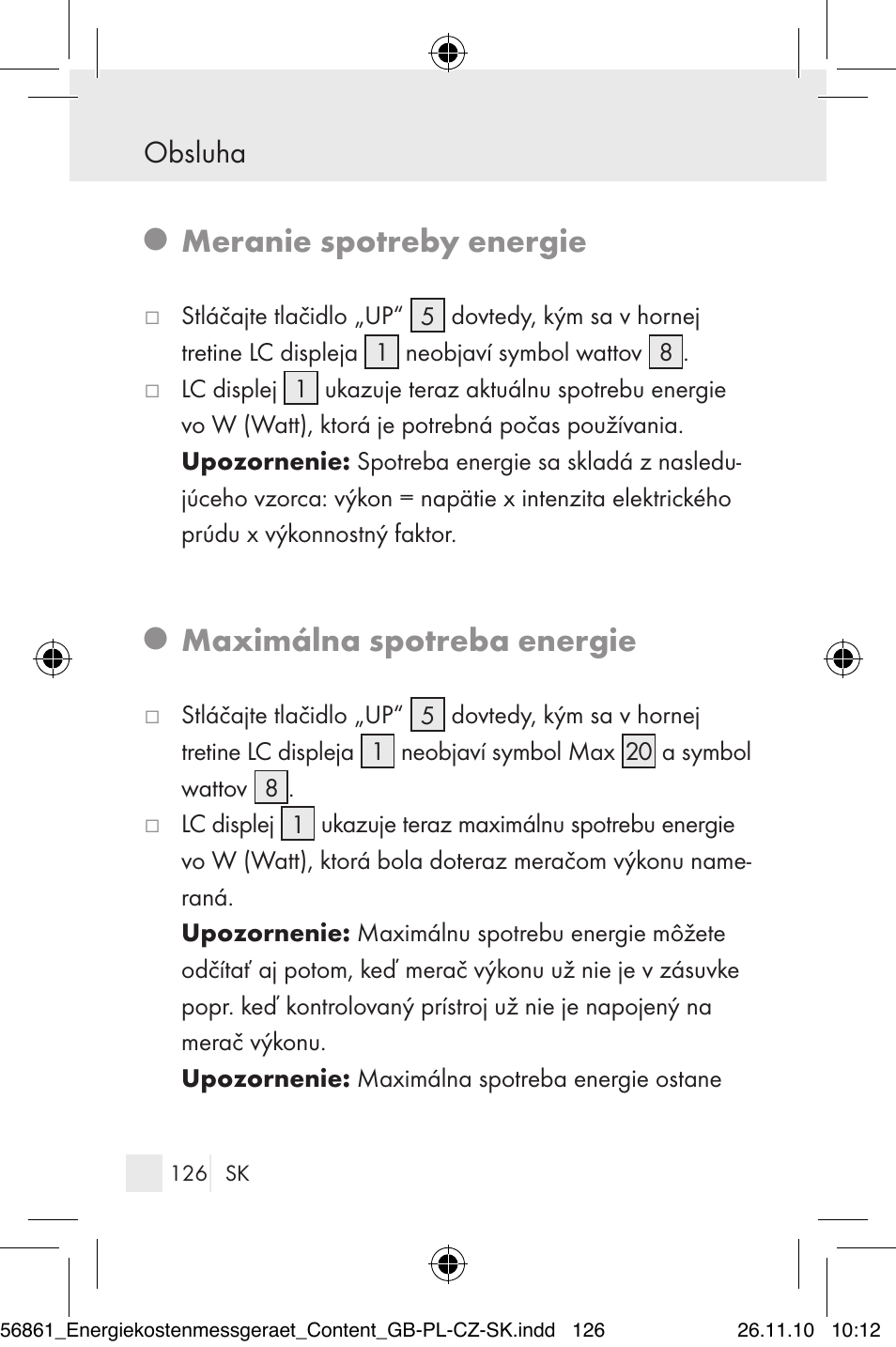 Meranie spotreby energie, Maximálna spotreba energie, Obsluha | Silvercrest Energy Monitor User Manual | Page 124 / 141