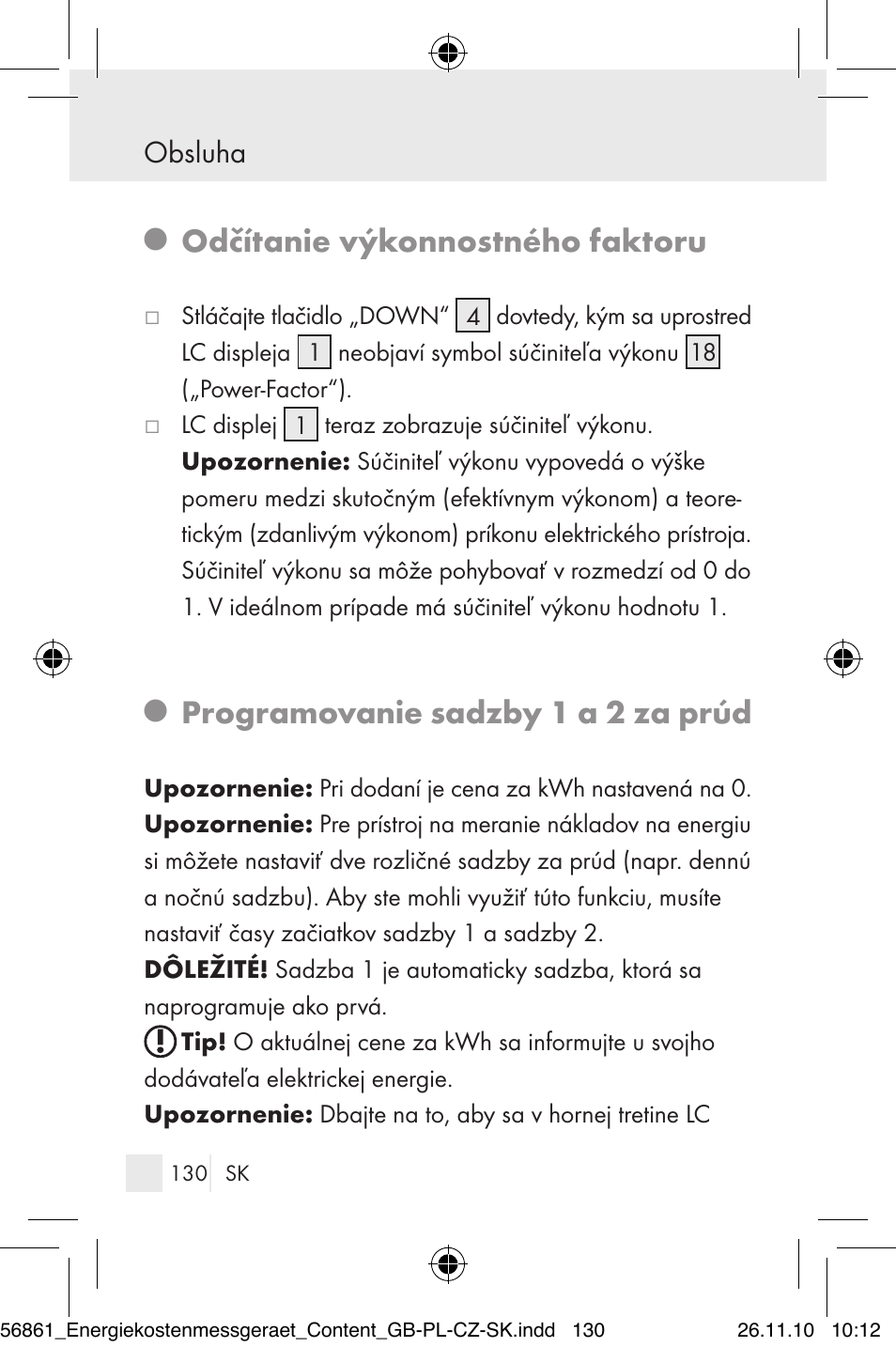 Odčítanie výkonnostného faktoru, Programovanie sadzby 1 a 2 za prúd, Obsluha | Silvercrest Energy Monitor User Manual | Page 128 / 141