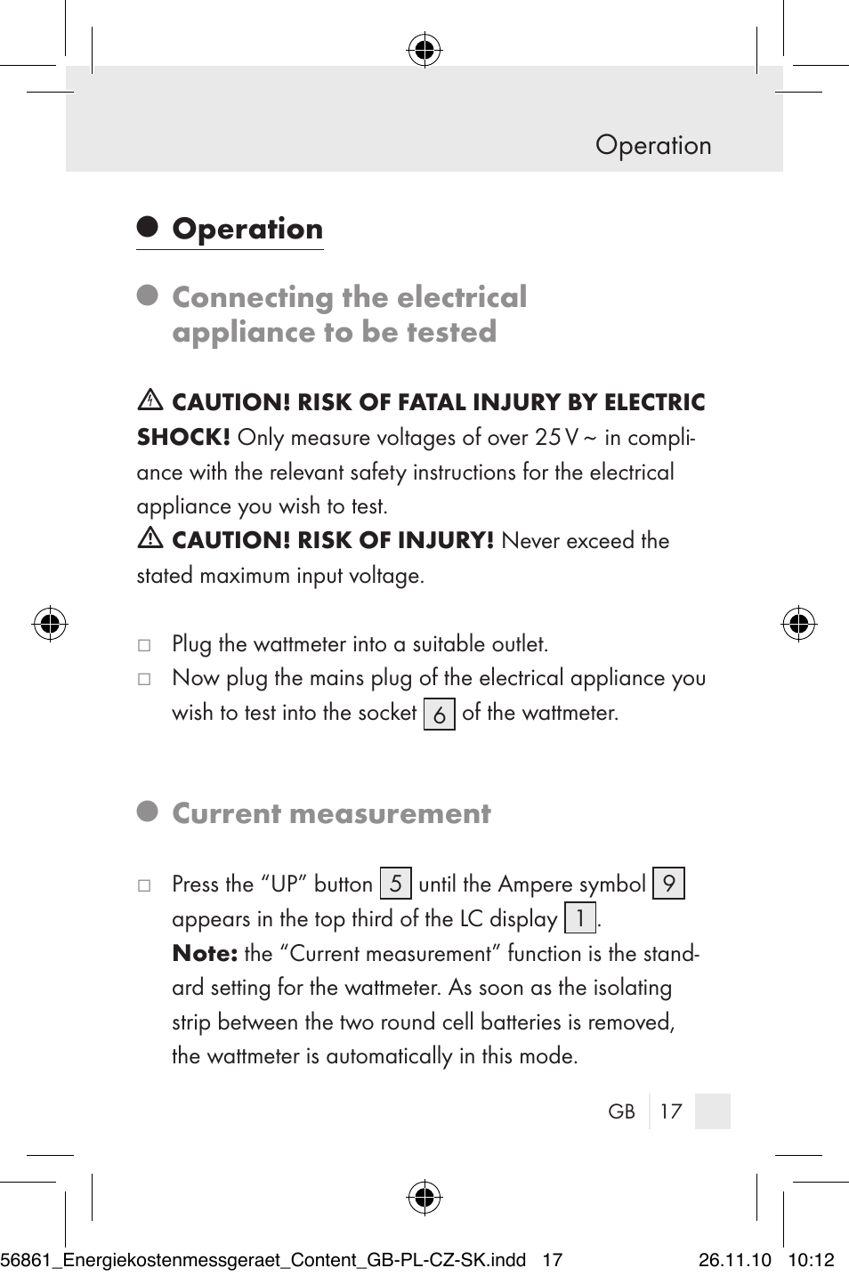 Operation, Connecting the electrical appliance to be tested, Current measurement | Silvercrest Energy Monitor User Manual | Page 15 / 141