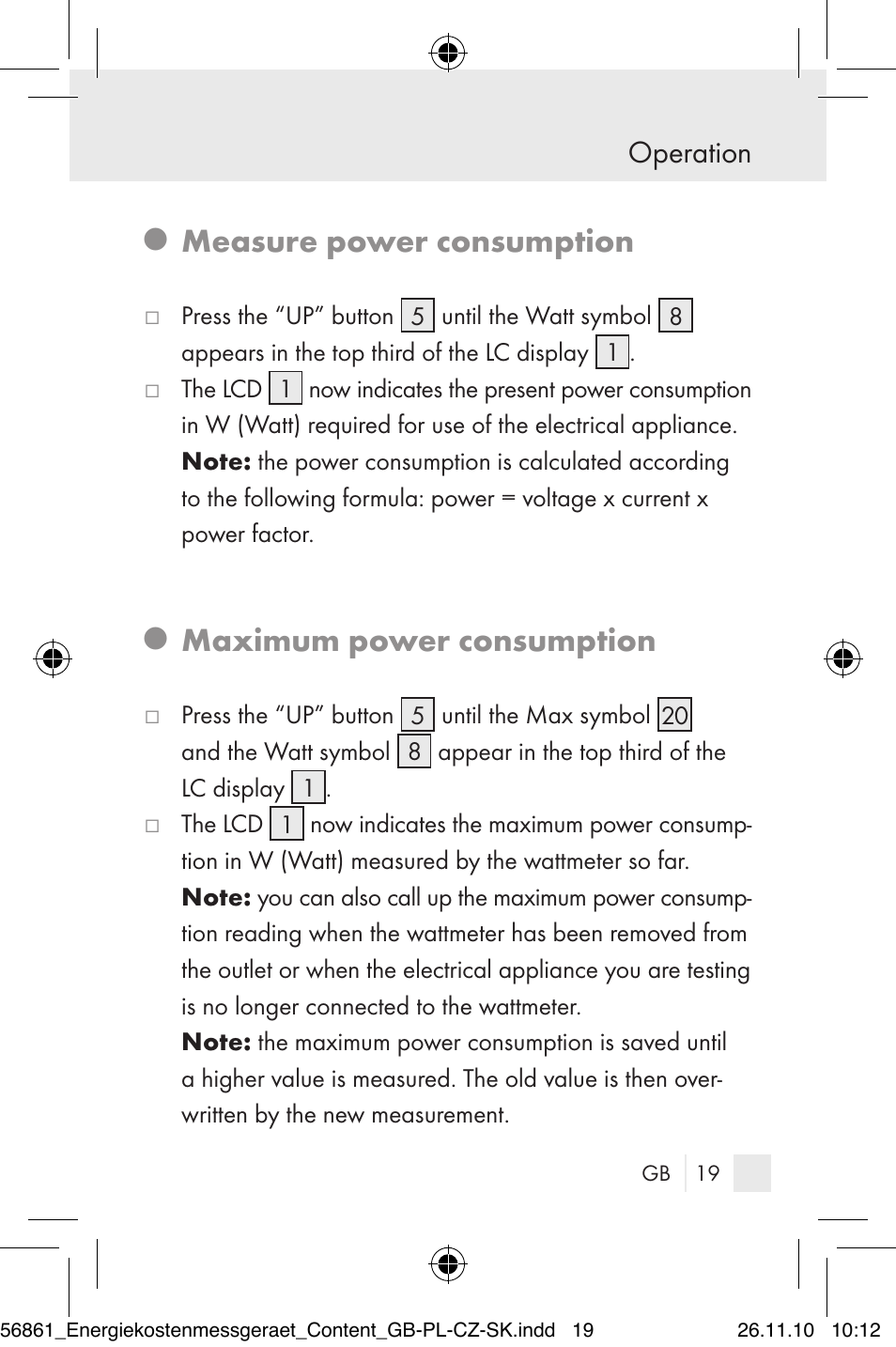 Measure power consumption, Maximum power consumption, Operation | Silvercrest Energy Monitor User Manual | Page 17 / 141