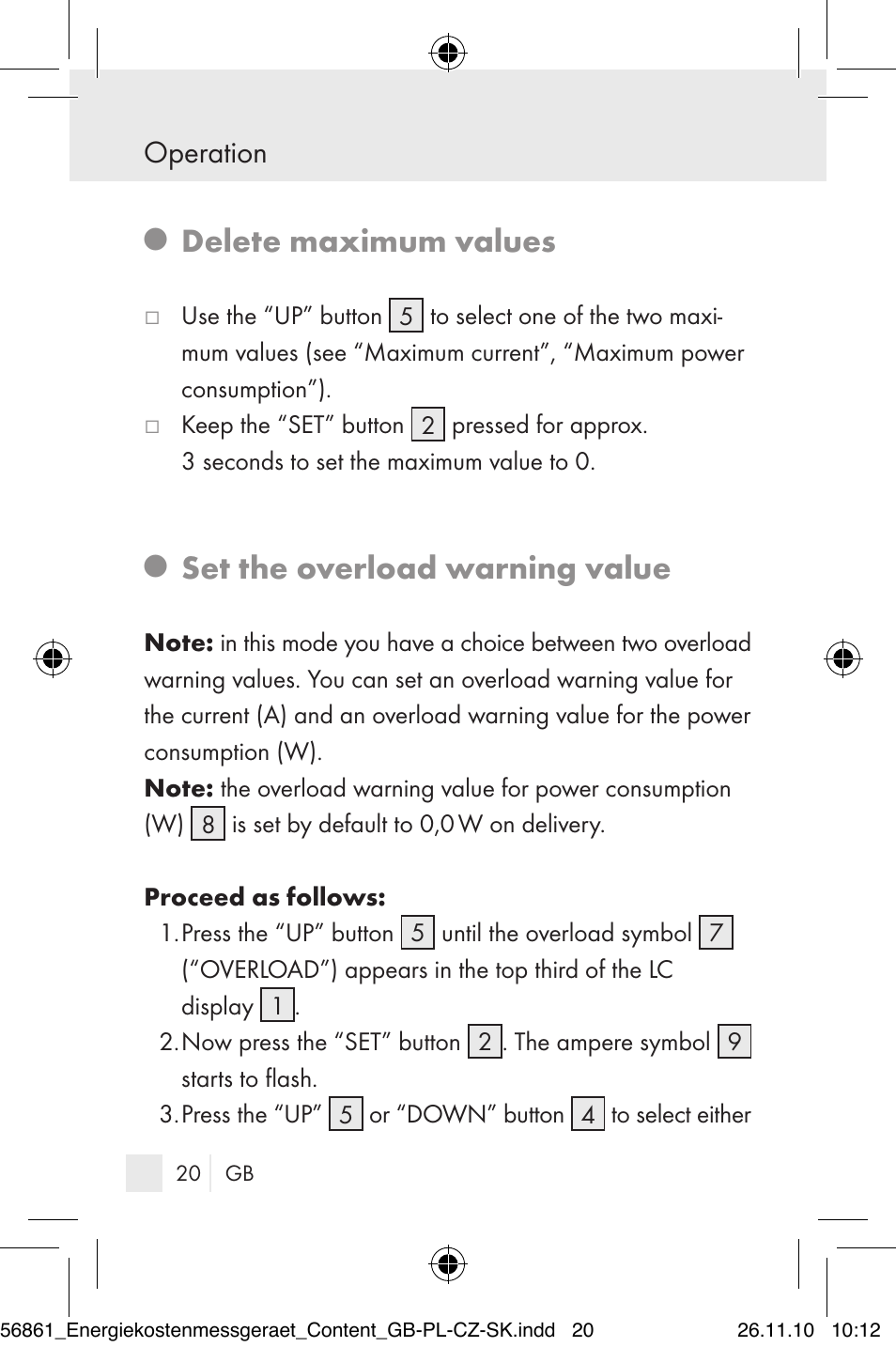 Delete maximum values, Set the overload warning value, Operation | Silvercrest Energy Monitor User Manual | Page 18 / 141