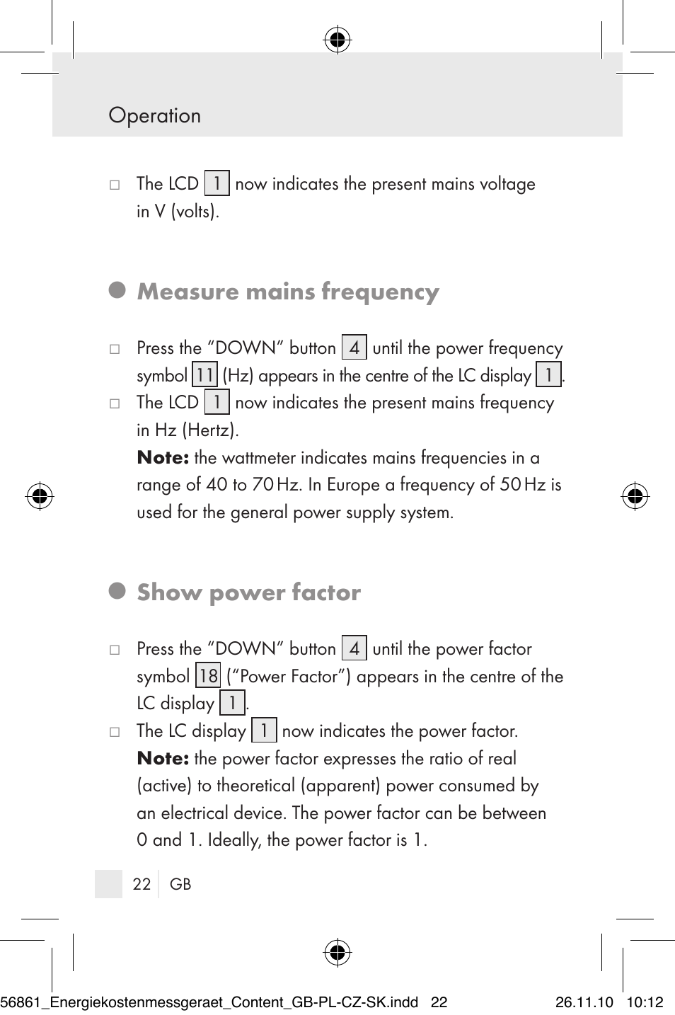 Measure mains frequency, Show power factor, Operation | Silvercrest Energy Monitor User Manual | Page 20 / 141