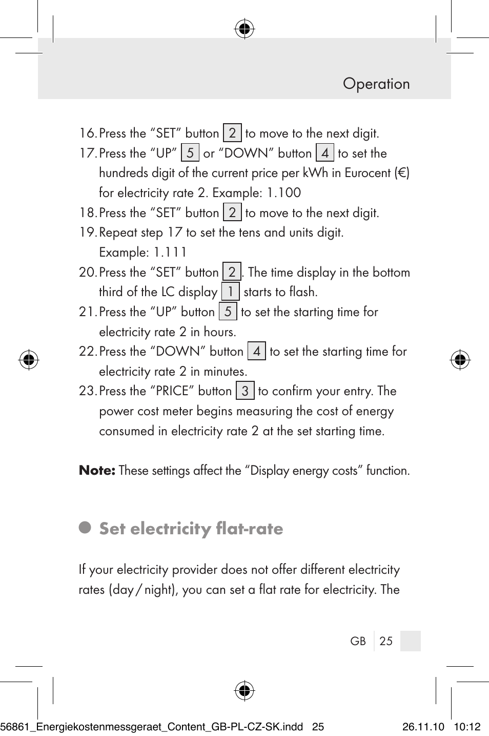 Set electricity flat-rate, Operation | Silvercrest Energy Monitor User Manual | Page 23 / 141