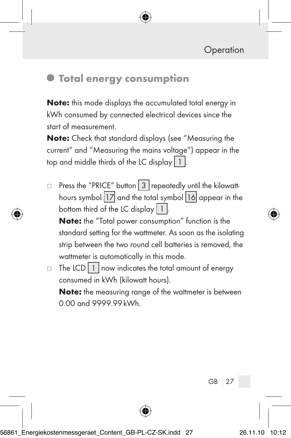 Total energy consumption, Operation | Silvercrest Energy Monitor User Manual | Page 25 / 141