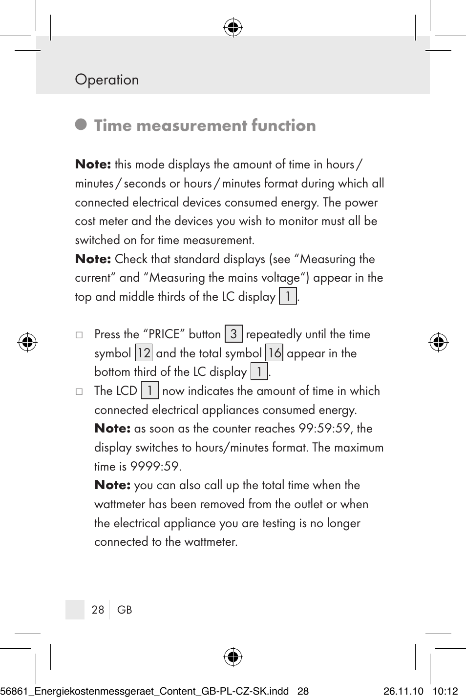 Time measurement function, Operation | Silvercrest Energy Monitor User Manual | Page 26 / 141