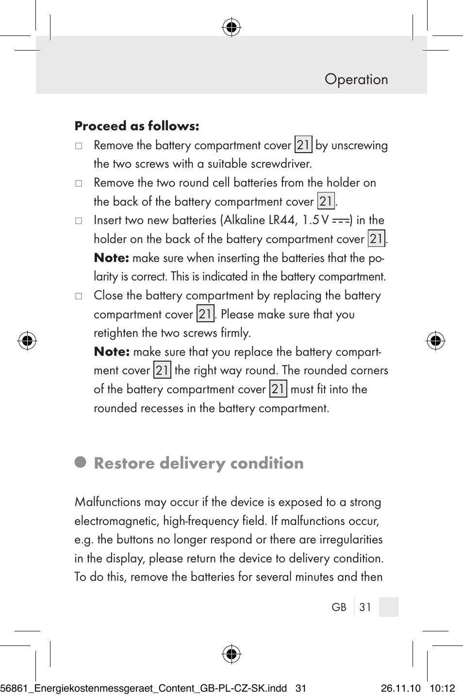 Restore delivery condition, Operation | Silvercrest Energy Monitor User Manual | Page 29 / 141