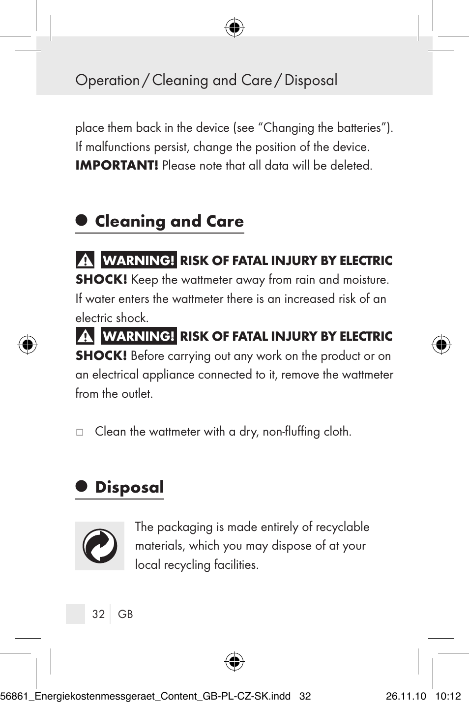 Cleaning and care, Disposal, Operation / cleaning and care / disposal | Silvercrest Energy Monitor User Manual | Page 30 / 141
