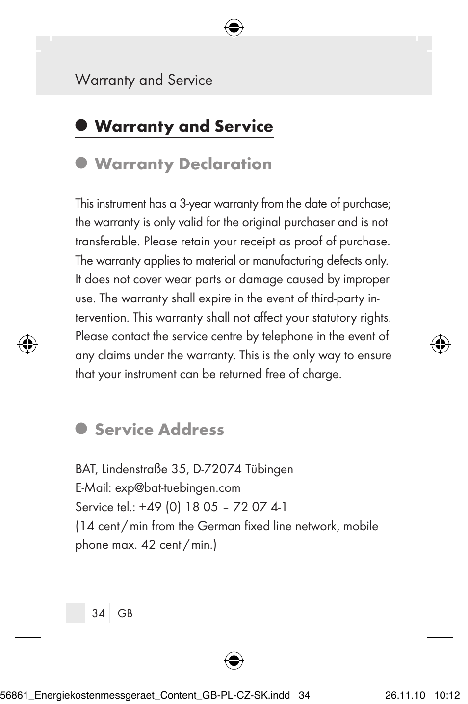 Warranty declaration, Service address, Warranty and service | Silvercrest Energy Monitor User Manual | Page 32 / 141