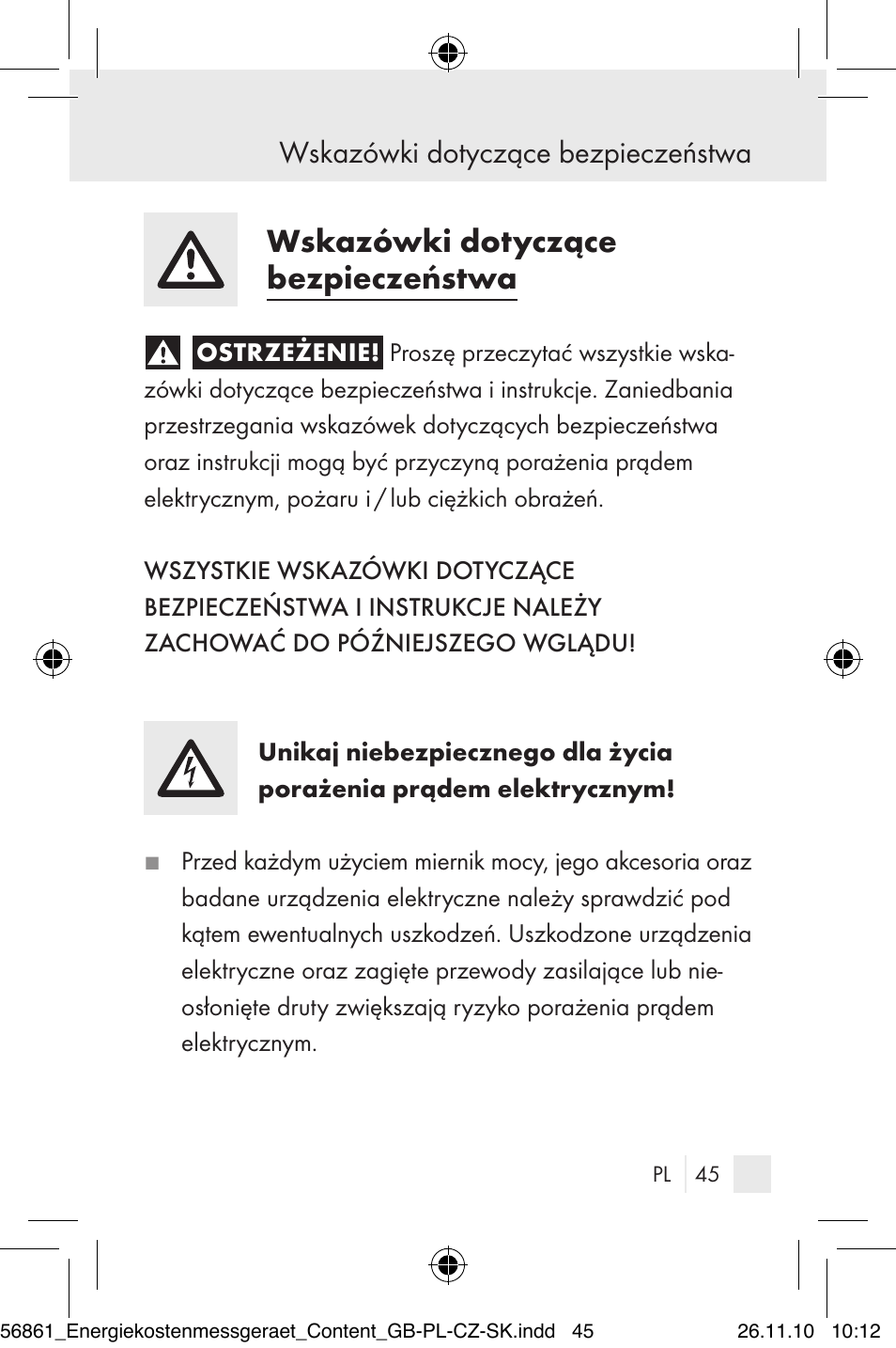 Wskazówki dotyczące bezpieczeństwa | Silvercrest Energy Monitor User Manual | Page 43 / 141