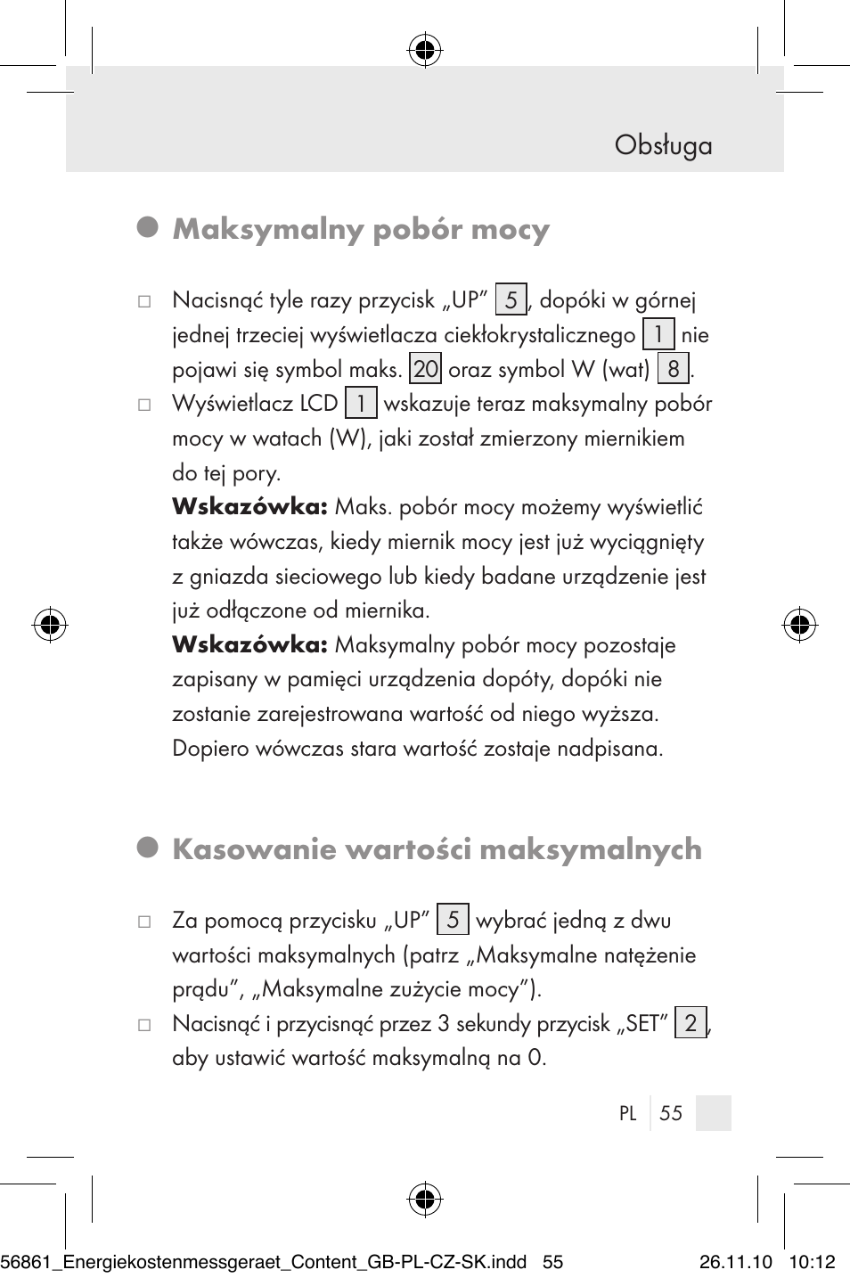 Maksymalny pobór mocy, Kasowanie wartości maksymalnych, Obsługa | Silvercrest Energy Monitor User Manual | Page 53 / 141