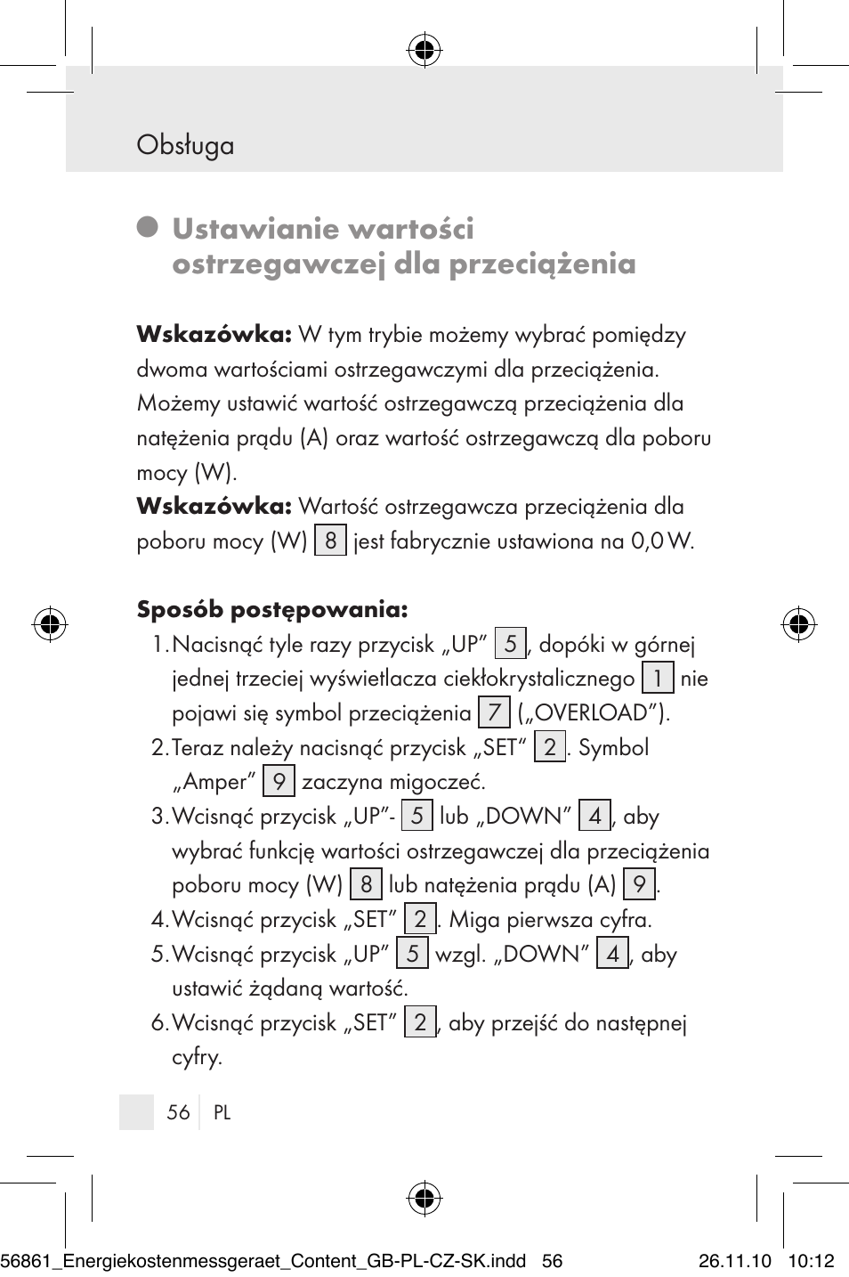 Ustawianie wartości ostrzegawczej dla przeciążenia, Obsługa | Silvercrest Energy Monitor User Manual | Page 54 / 141