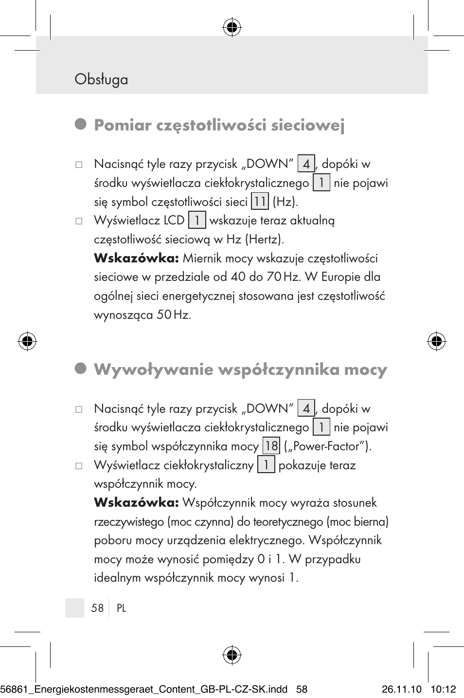Pomiar częstotliwości sieciowej, Wywoływanie współczynnika mocy, Obsługa | Silvercrest Energy Monitor User Manual | Page 56 / 141