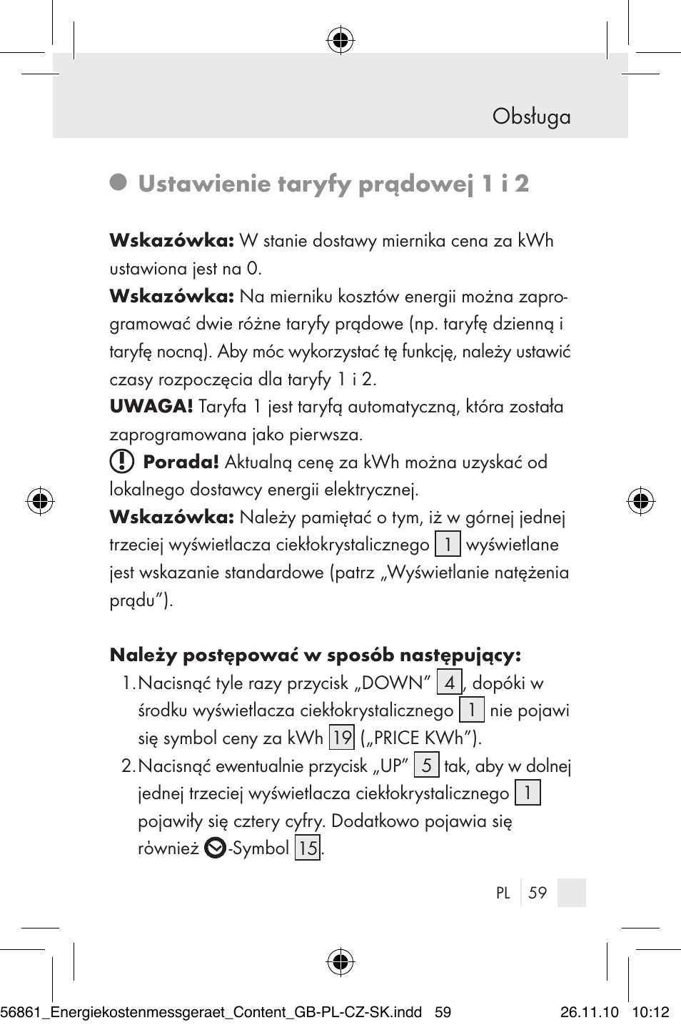 Ustawienie taryfy prądowej 1 i 2, Obsługa | Silvercrest Energy Monitor User Manual | Page 57 / 141