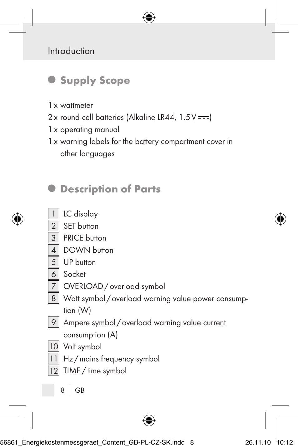 Supply scope, Description of parts, Introduction | Silvercrest Energy Monitor User Manual | Page 6 / 141