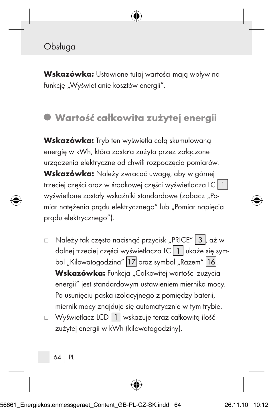 Wartość całkowita zużytej energii, Obsługa | Silvercrest Energy Monitor User Manual | Page 62 / 141