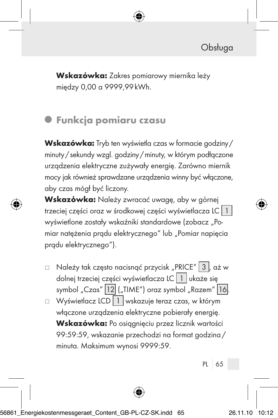 Funkcja pomiaru czasu, Obsługa | Silvercrest Energy Monitor User Manual | Page 63 / 141