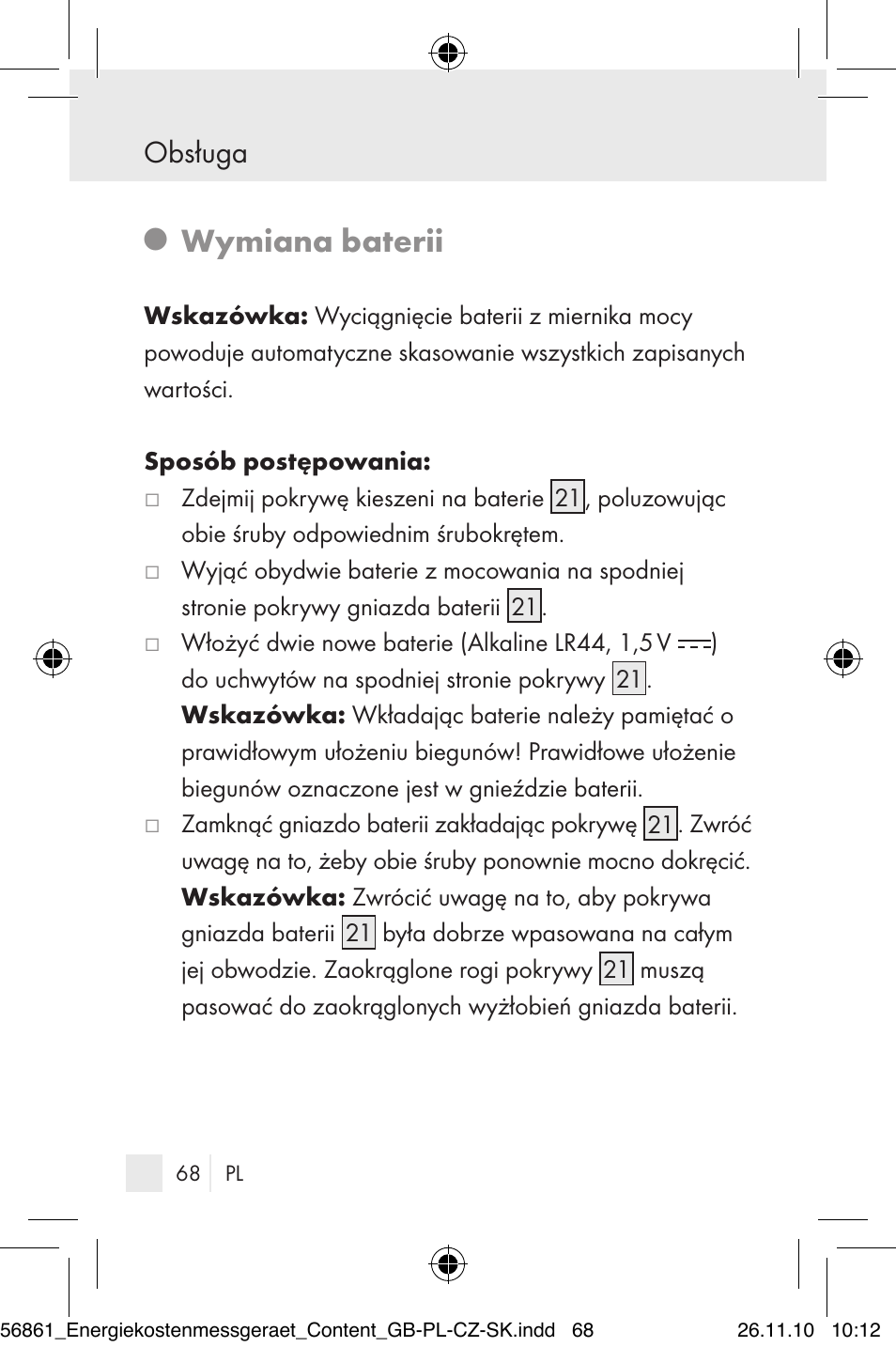 Wymiana baterii, Obsługa | Silvercrest Energy Monitor User Manual | Page 66 / 141