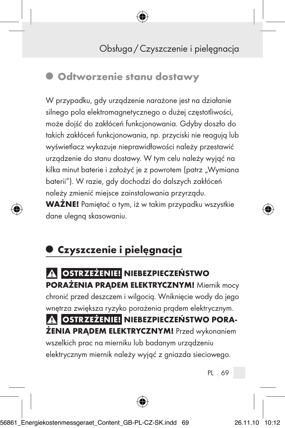 Odtworzenie stanu dostawy, Czyszczenie i pielęgnacja, Obsługa / czyszczenie i pielęgnacja | Silvercrest Energy Monitor User Manual | Page 67 / 141