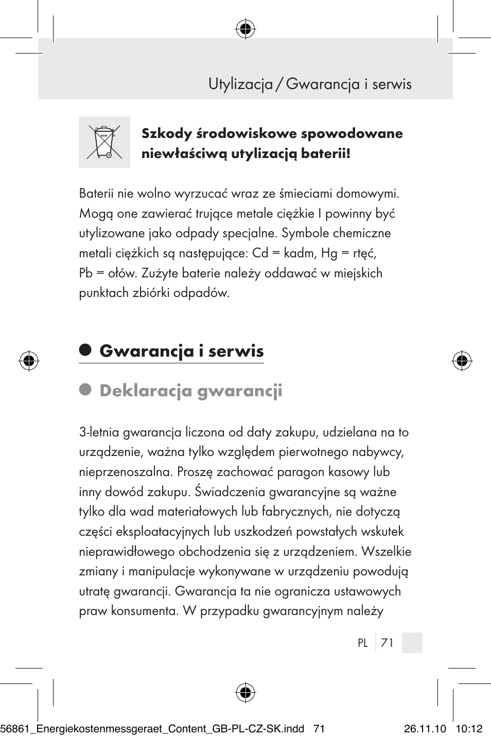 Gwarancja i serwis, Deklaracja gwarancji, Utylizacja / gwarancja i serwis | Silvercrest Energy Monitor User Manual | Page 69 / 141