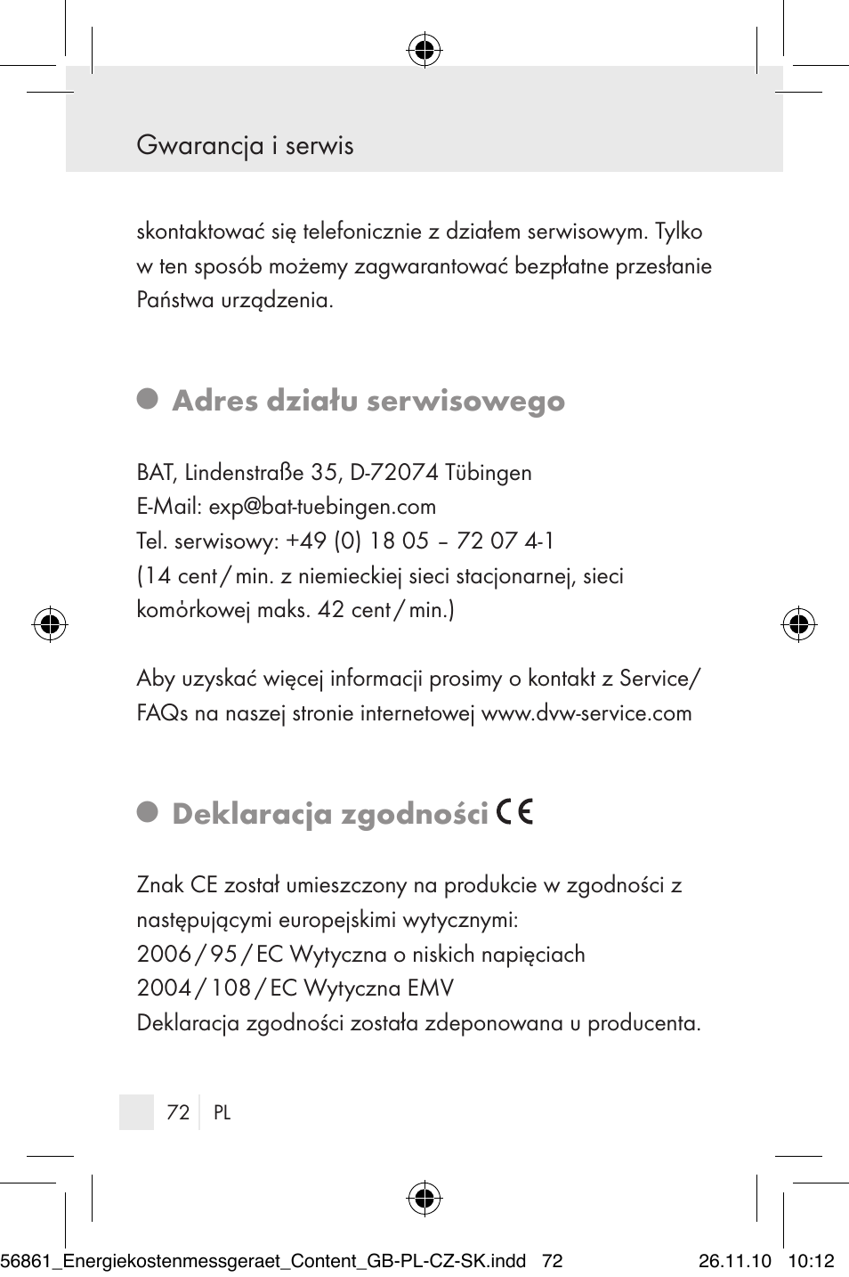 Adres działu serwisowego, Deklaracja zgodności, Gwarancja i serwis | Silvercrest Energy Monitor User Manual | Page 70 / 141