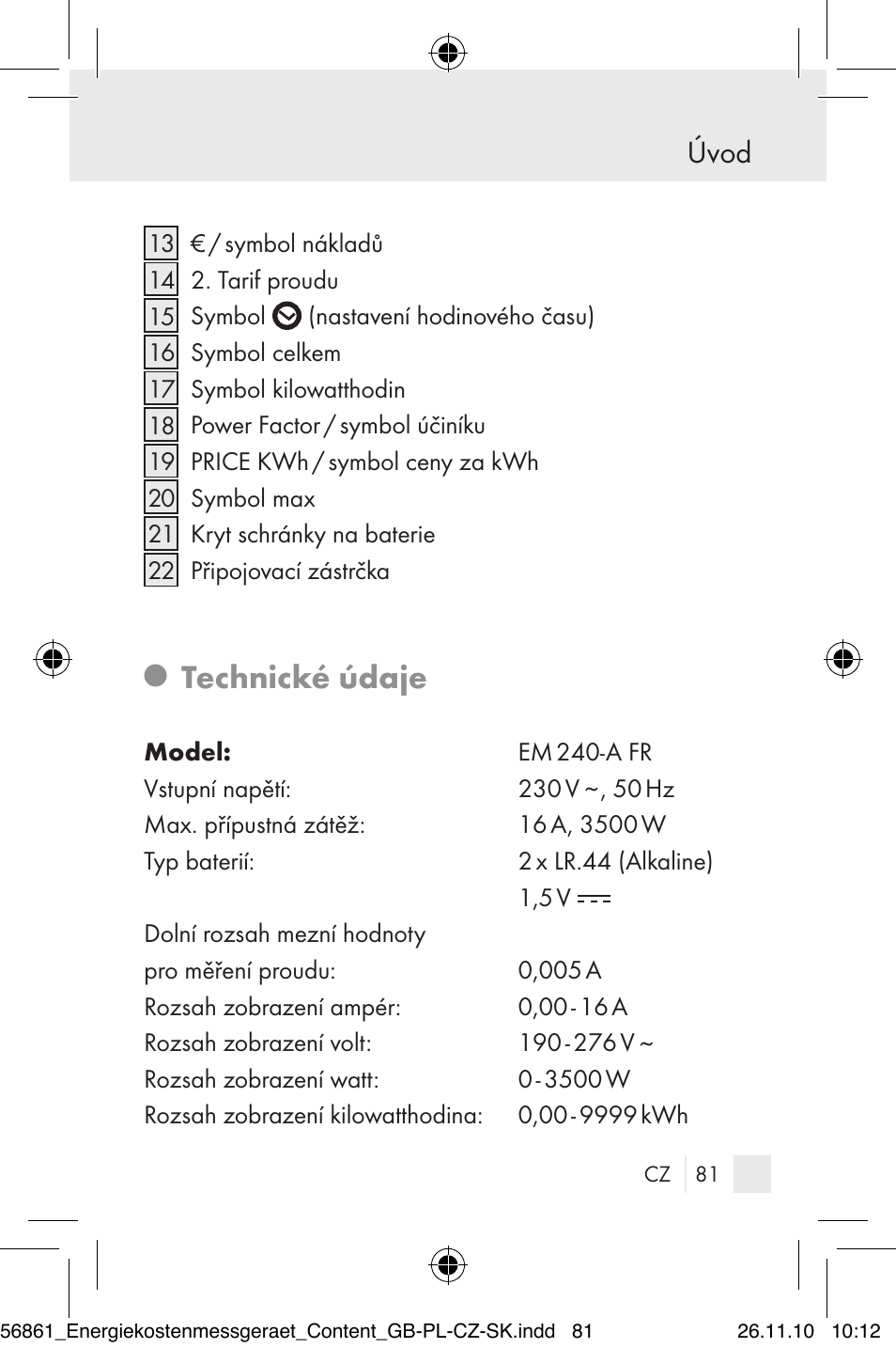 Technické údaje, Úvod | Silvercrest Energy Monitor User Manual | Page 79 / 141