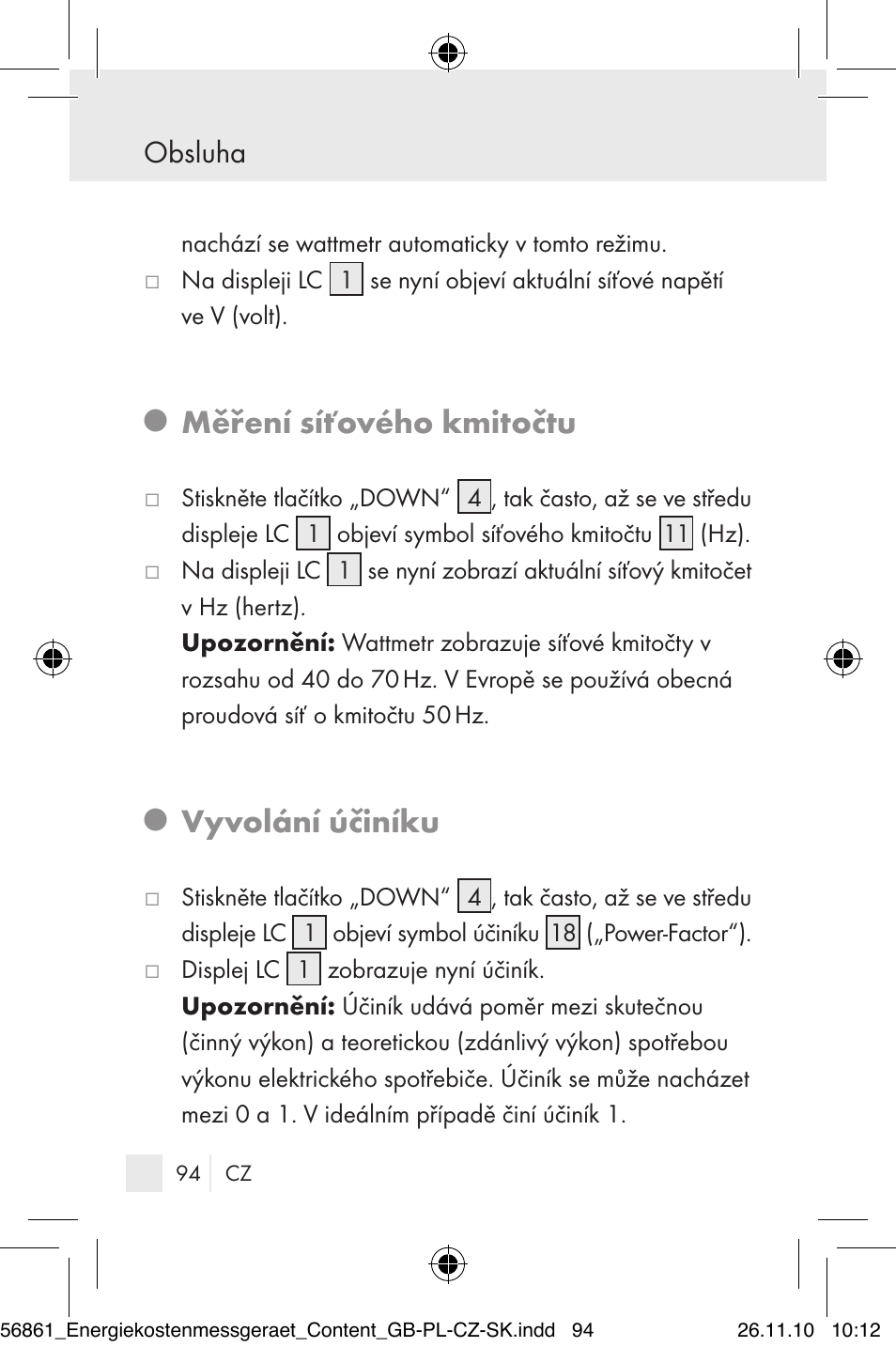 Měření síťového kmitočtu, Vyvolání účiníku, Obsluha | Silvercrest Energy Monitor User Manual | Page 92 / 141