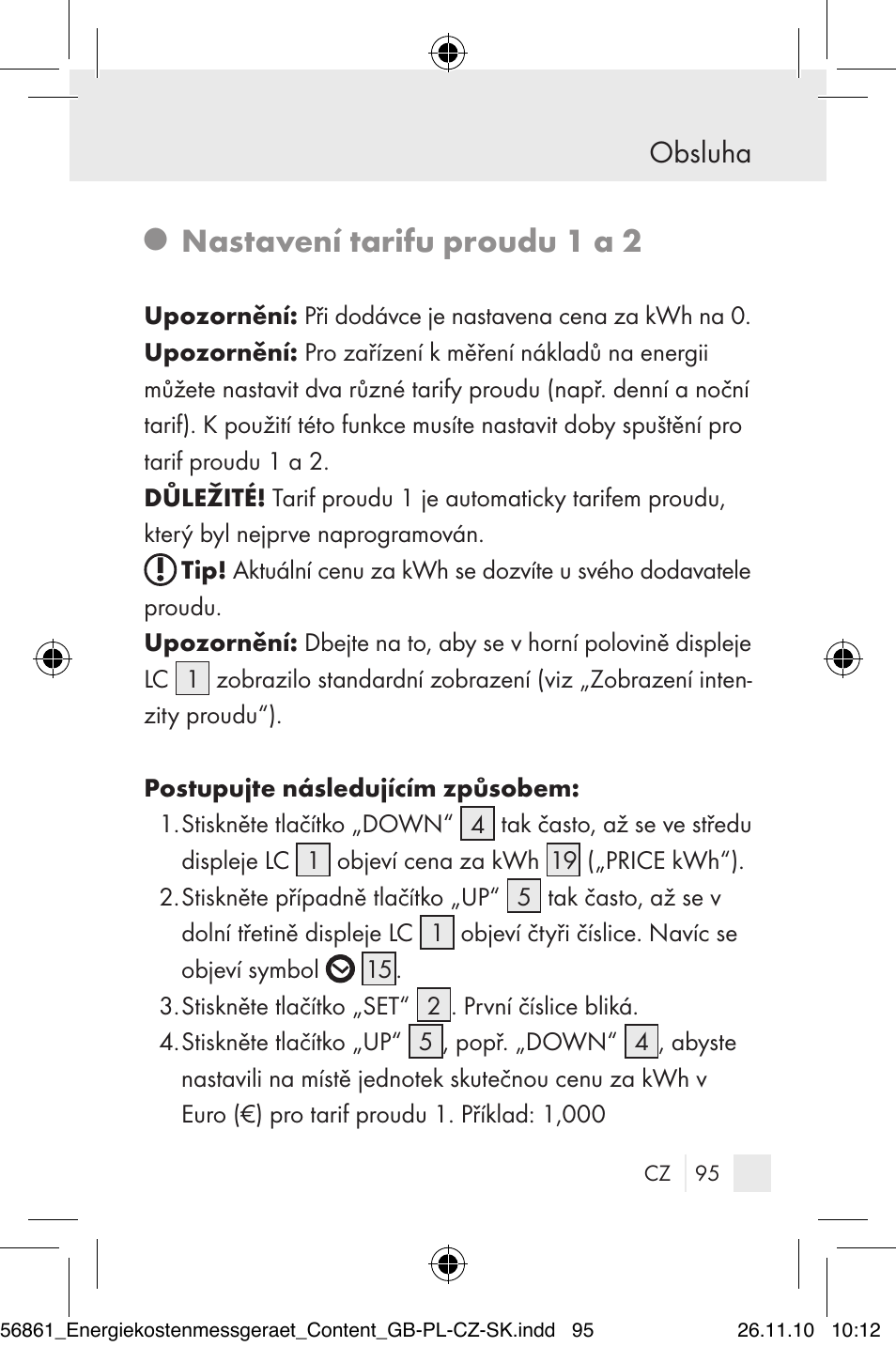 Nastavení tarifu proudu 1 a 2, Obsluha | Silvercrest Energy Monitor User Manual | Page 93 / 141