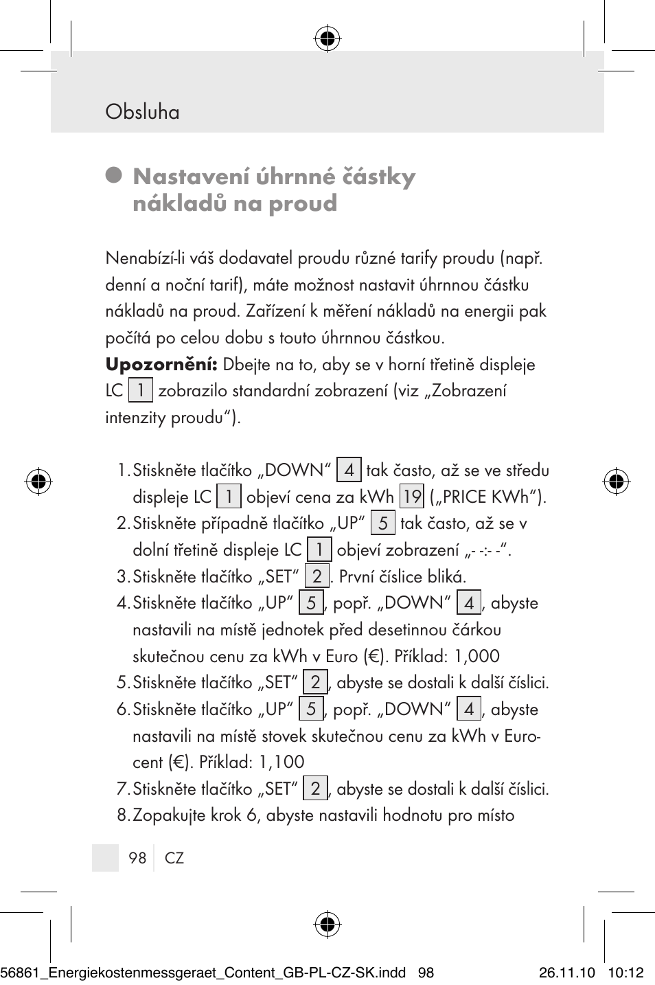 Nastavení úhrnné částky nákladů na proud, Obsluha | Silvercrest Energy Monitor User Manual | Page 96 / 141