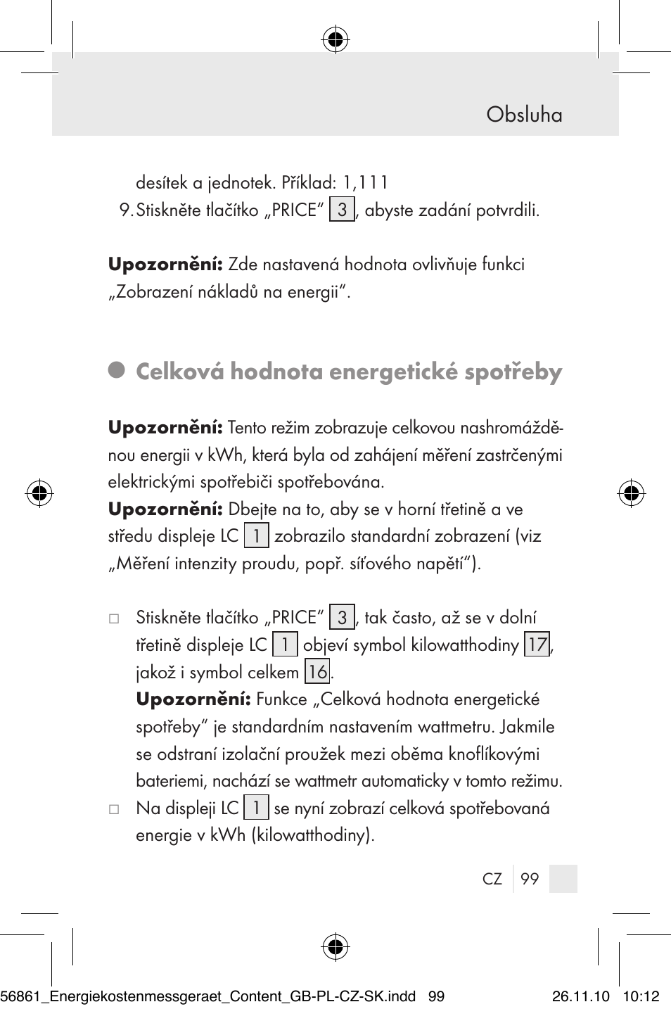 Celková hodnota energetické spotřeby, Obsluha | Silvercrest Energy Monitor User Manual | Page 97 / 141