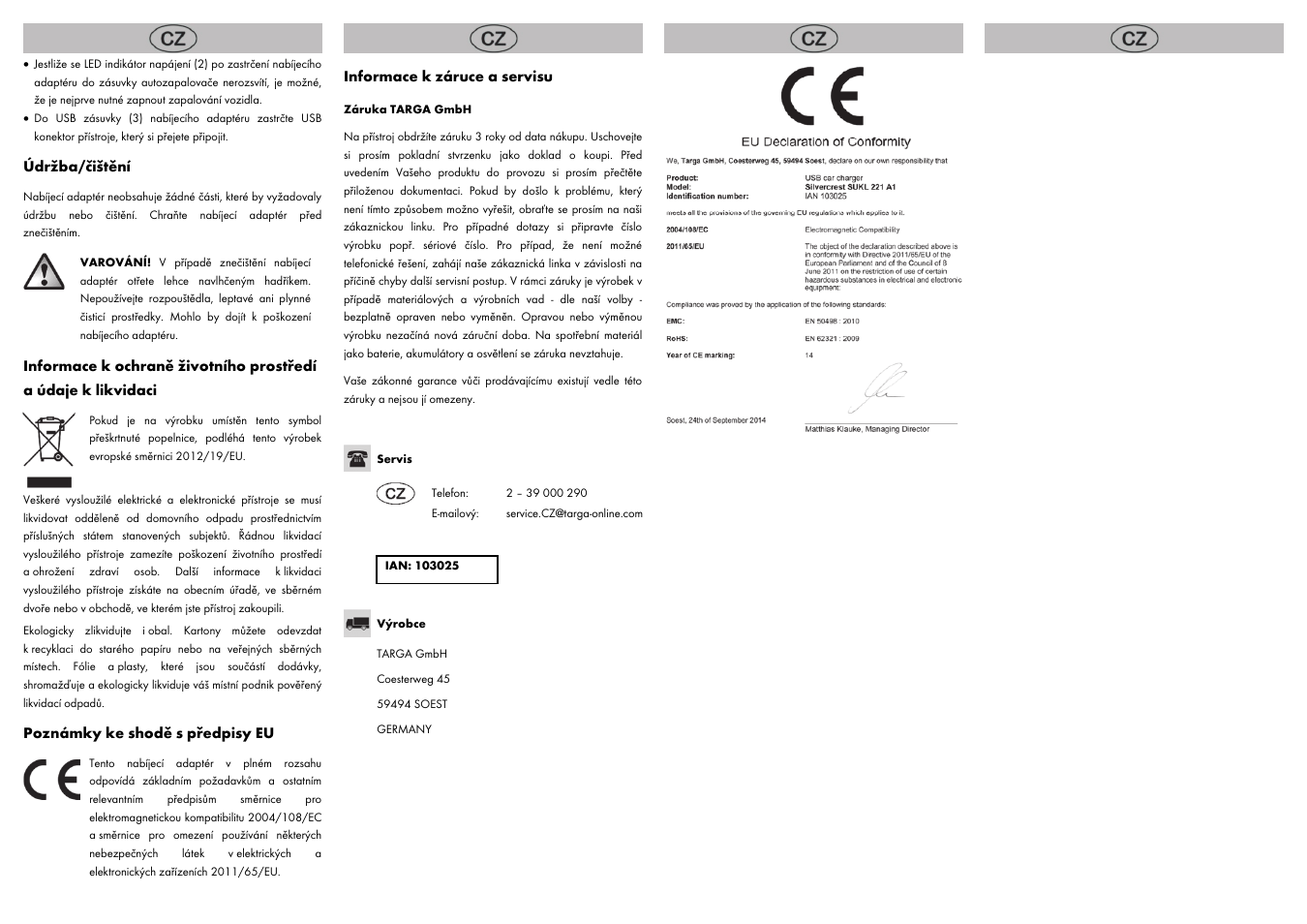 Údržba/čištění, Poznámky ke shodě s předpisy eu, Informace k záruce a servisu | Silvercrest SUKL 221 A1 User Manual | Page 4 / 8