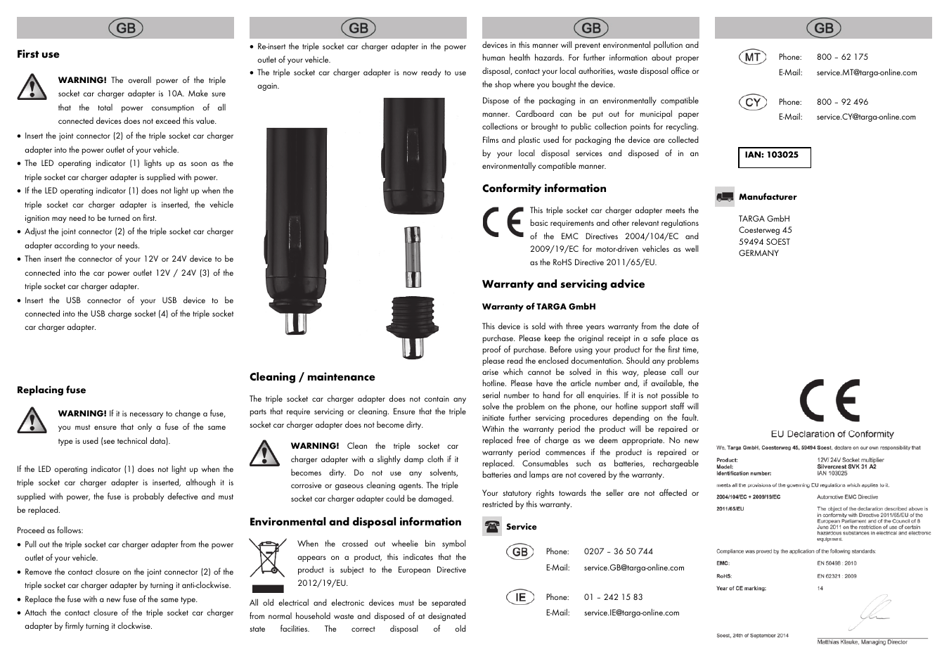 First use, Cleaning / maintenance, Environmental and disposal information | Conformity information, Warranty and servicing advice | Silvercrest SVK 31 A2 User Manual | Page 2 / 8