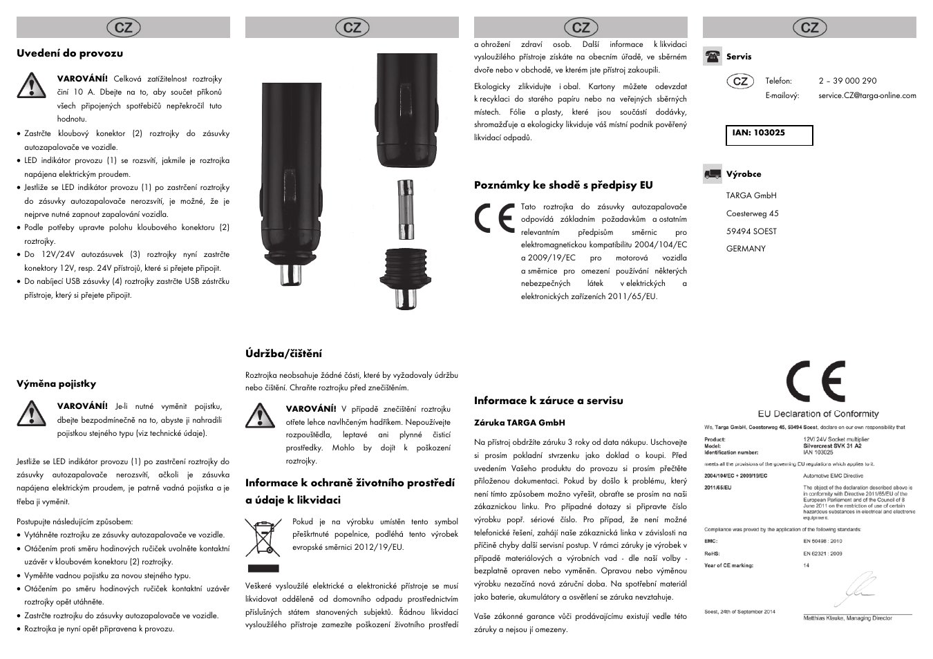 Uvedení do provozu, Údržba/čištění, Poznámky ke shodě s předpisy eu | Informace k záruce a servisu | Silvercrest SVK 31 A2 User Manual | Page 4 / 8