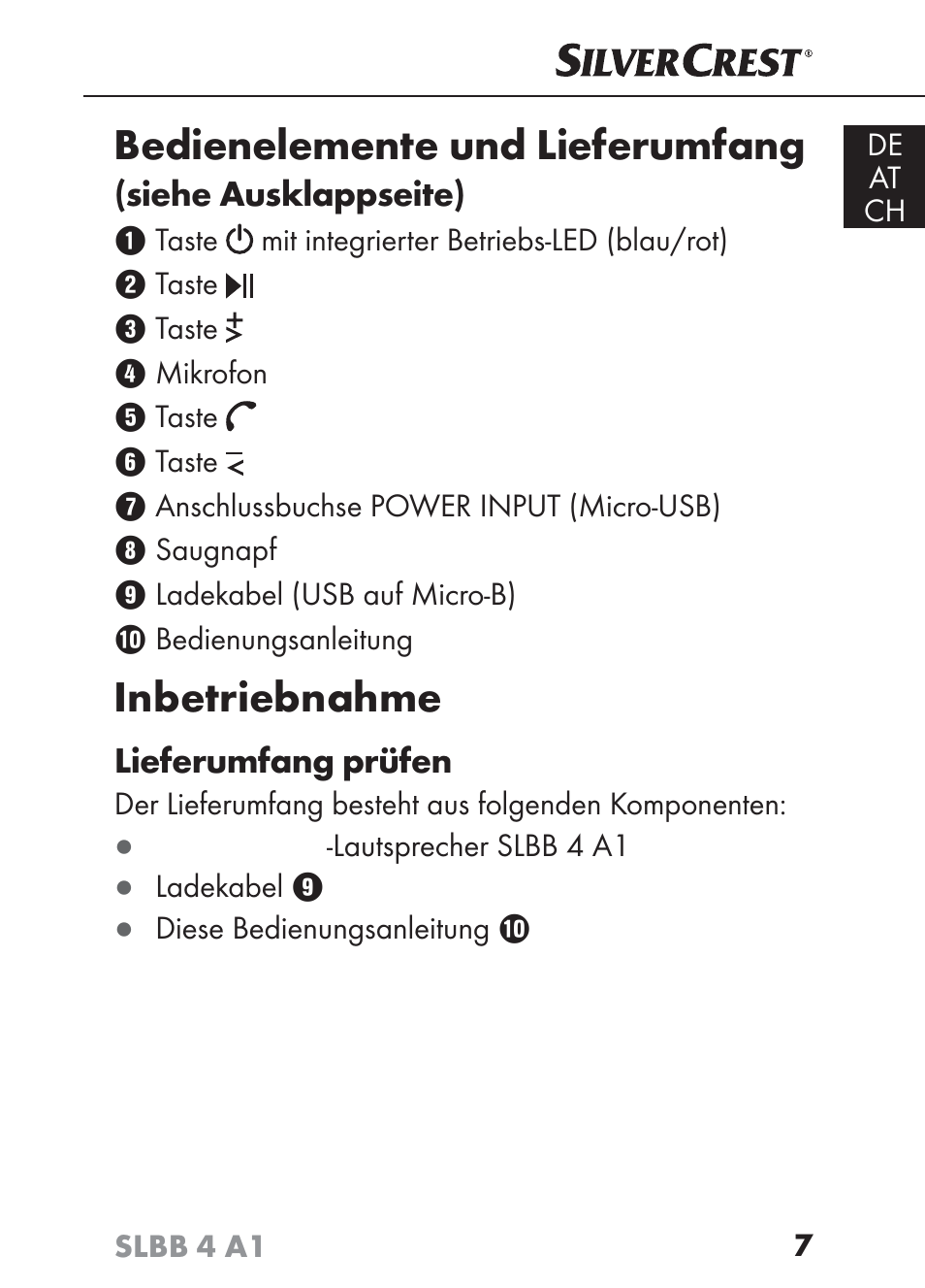 Bedienelemente und lieferumfang, Inbetriebnahme | Silvercrest SLBB 4 A1 User Manual | Page 10 / 84